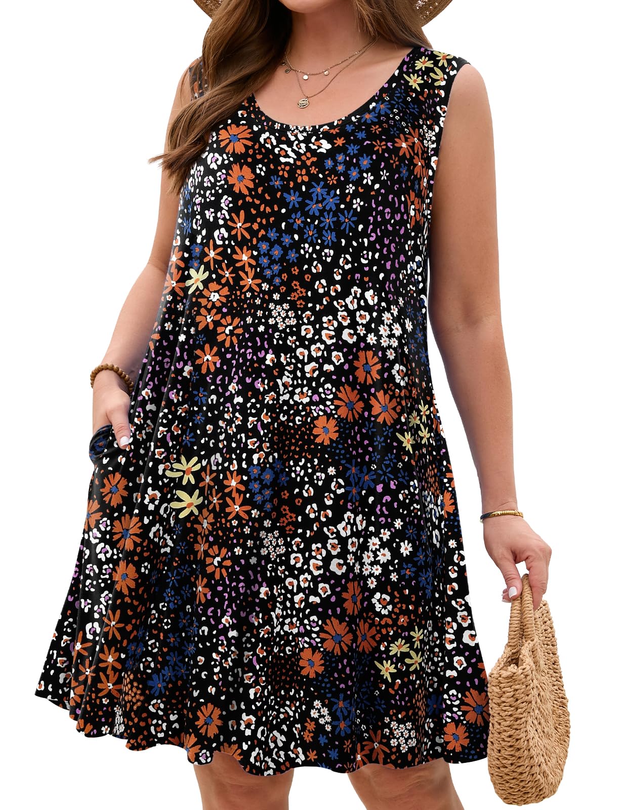 JollieLovin Women Plus Size Curvy Summer Tank Sun Dresses Sleeveless Causal T-Shirt Dress Beach Swing Cover up(L-5X)