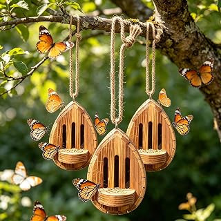 Butterfly Houses for Garden, Wooden Hanging Butterfly Habitat and Feeder House with Rope, Weatherproof Butterflies Feeding Station Box for Yard, Patio, Balcony and Fence (Wood C 3pcs)