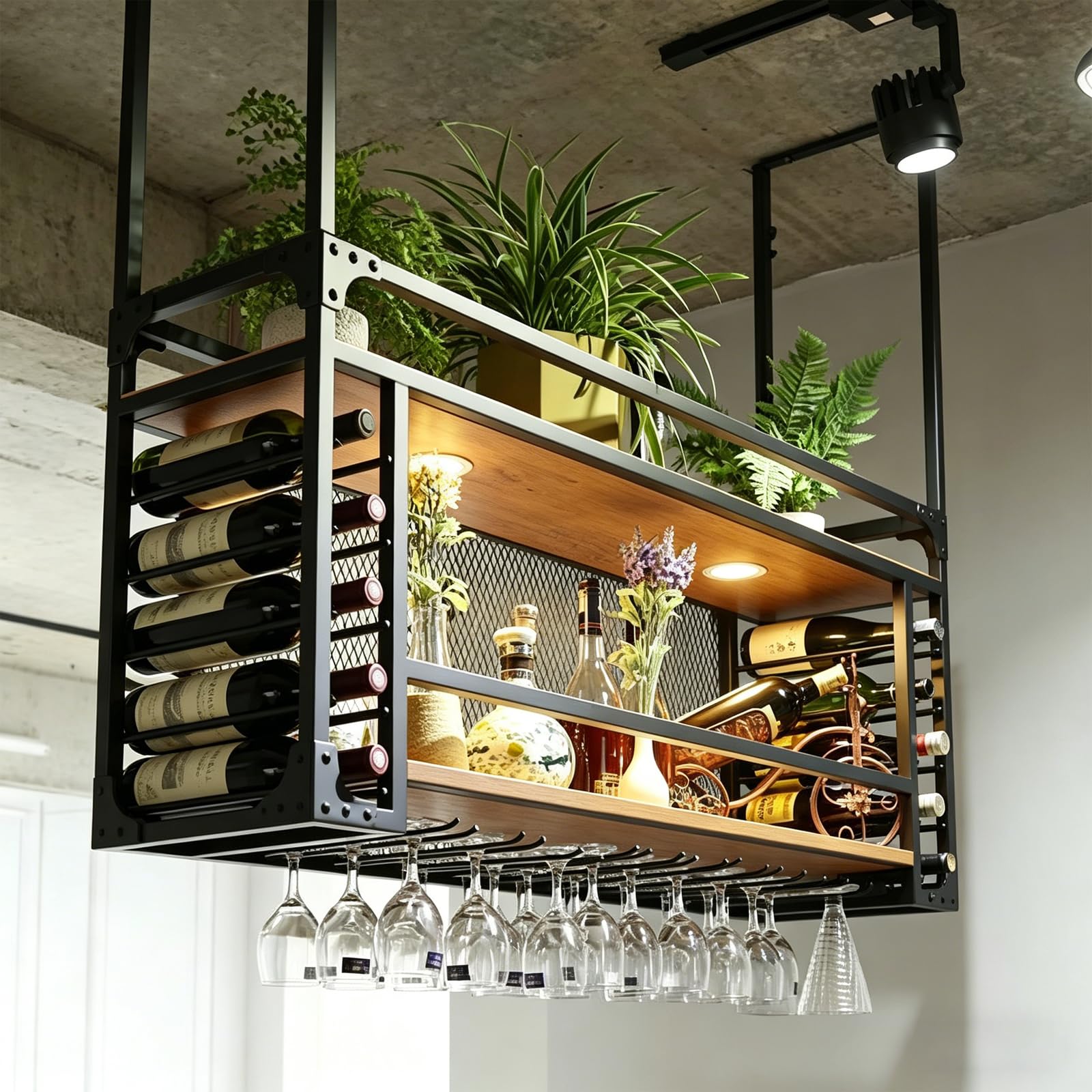 80CM Portabottiglie a soffitto con luci LED BLACK | Portabottiglie Metallico Stile Industriale, Supporto Installabile a Soffitto o Parete per Bar Casa Sala da Pranzo
