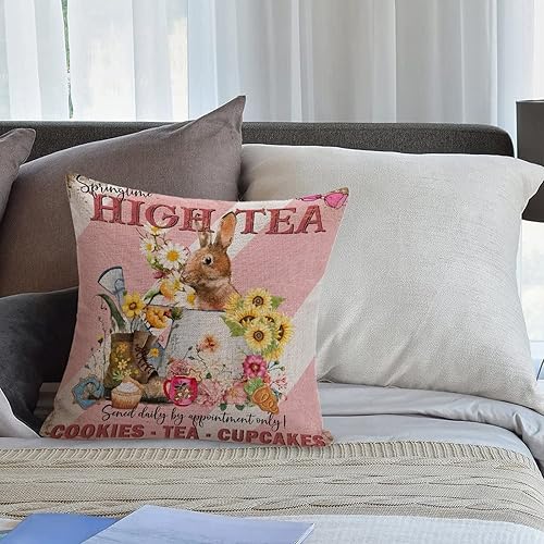 Miniatura 6 de Fundas de almohada de Navidad de granja de 22 x 22 pulgadas vintage conejo flores de primavera huevos de Pascua fundas de almohada de lino y algodón