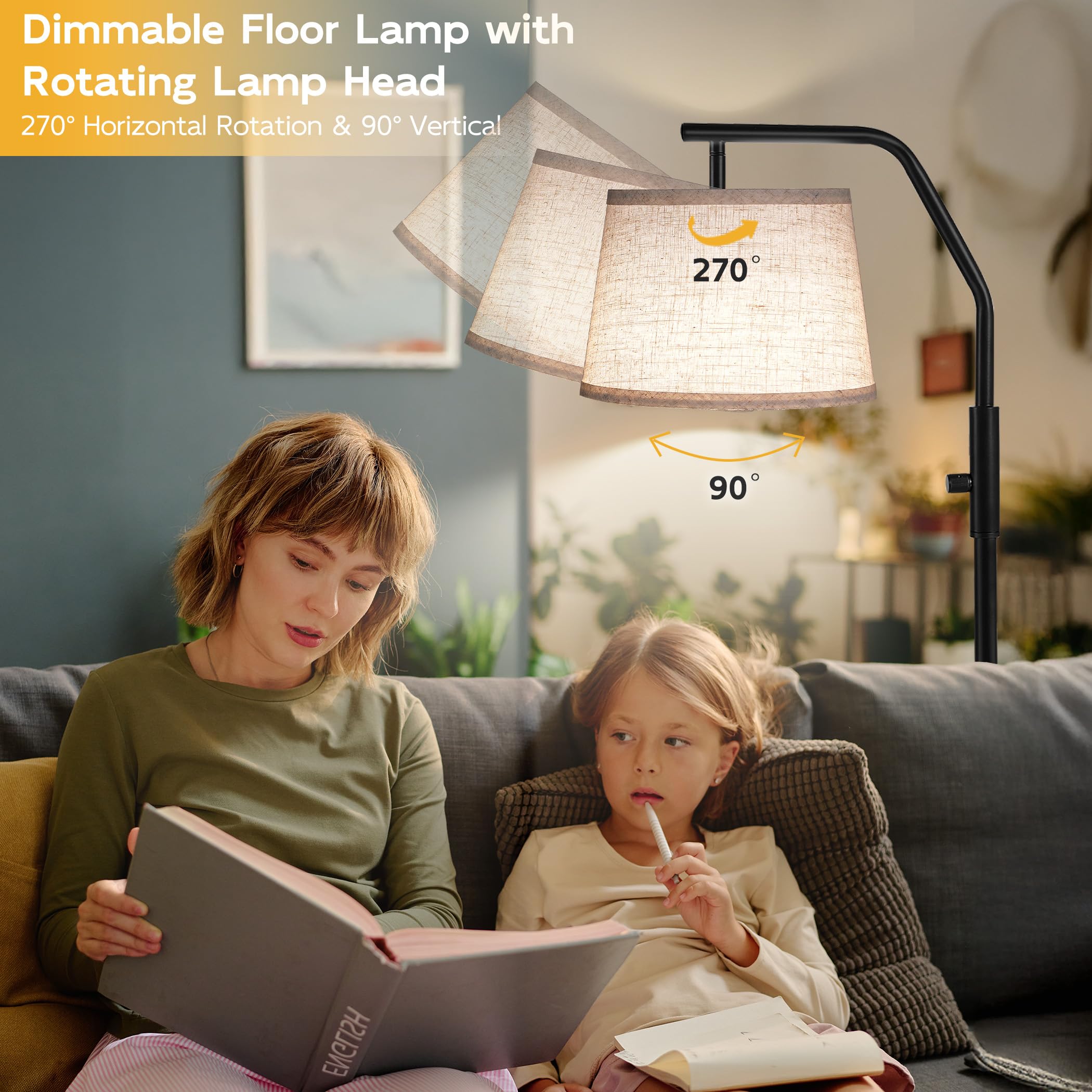 Lámparas de pie para sala de estar, bombilla de 9 W incluida, lámpara alta para dormitorio con cabezal ajustable, lámpara de pie moderna, lámpara de pie de arco regulable 0-100% para comedor 2