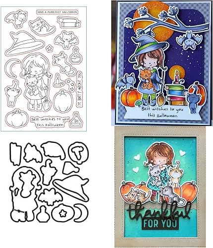 Miniatura 9 de Juego de sellos y troqueles de Halloween Witch Happy Haunting para hacer tarjetas, sellos transparentes y troqueles de corte de metal para álbumes