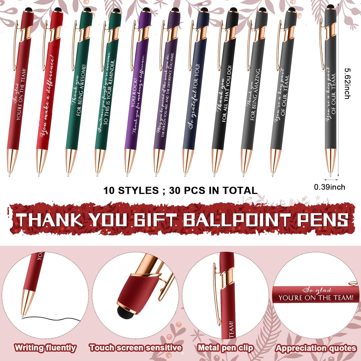 Resurhang 30 Set Employee Appreciation Gift Bulk Inspirational Ballpoint Pen with Stylus Tips Card Office Thank You Gift for Team Coworker Teacher Nurse Staff Volunteer Group
