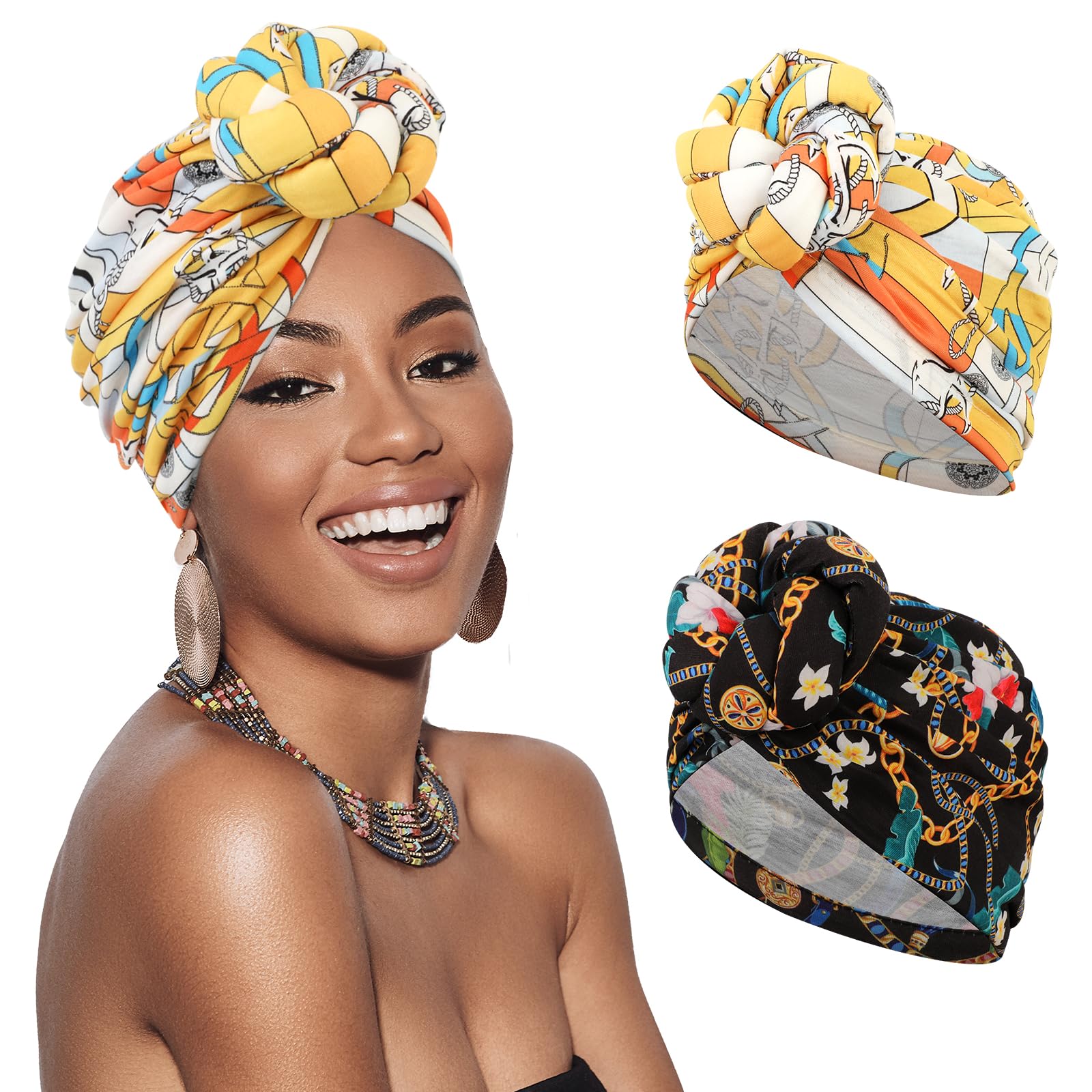 XEPST 2 Piezas Turbantes para Mujer, Africano Turbante para Mujere, Cancer Pañuelos Cabeza Mujer Gorros de Dormir Gorro Turbante Pelo para Pérdida de Pelo, Negro, Amarillo