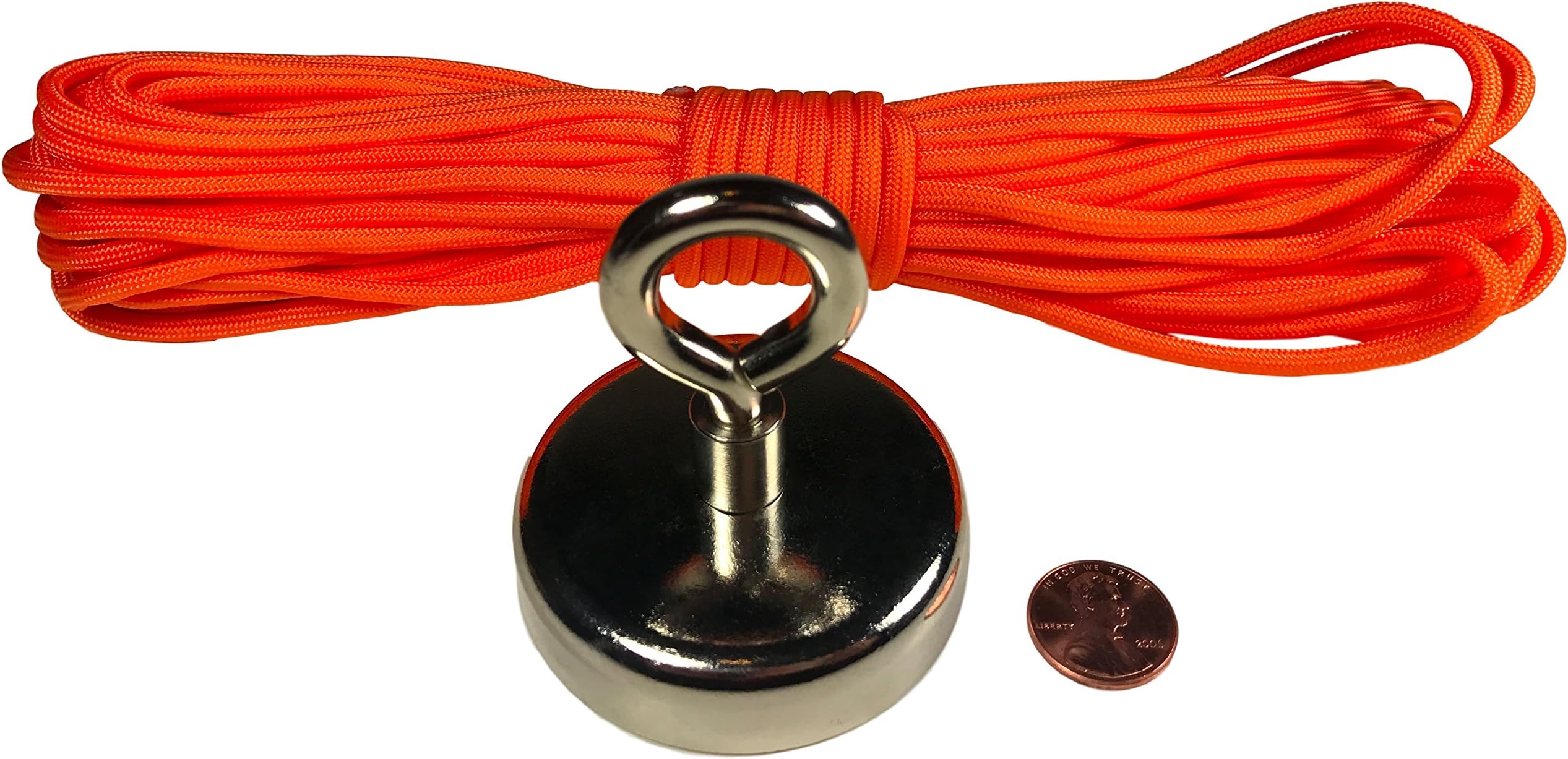 Round Neodymium Magnet with Countersunk Hole & Eyebolt with 50ft. Paracord Rope - 265 LBS Pulling Force, Diameter 2.36” (60mm) – Perfect for Magnet Fishing & Retrieving Salvage