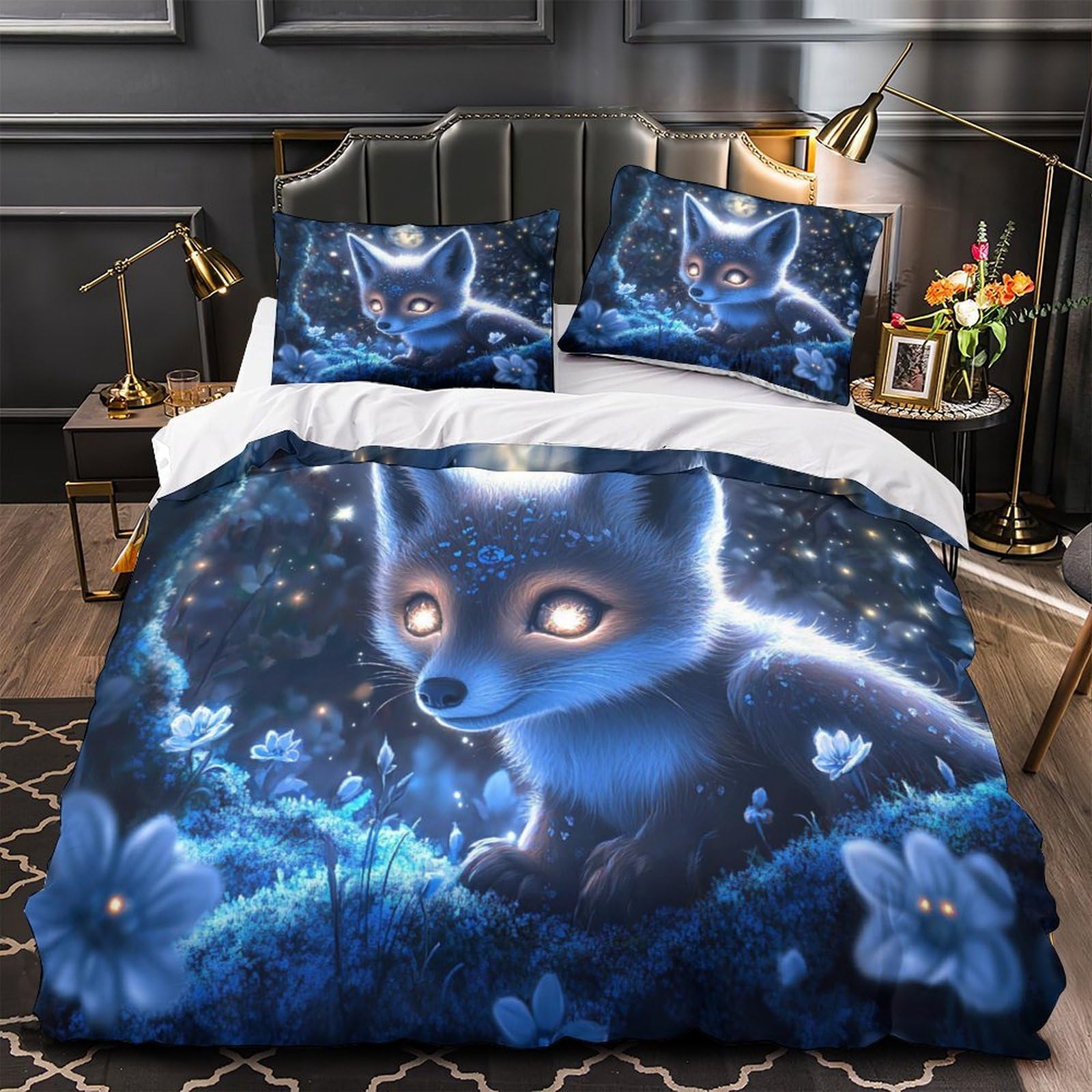 Housse de couette renard 3D scène nocturne fantastique drap de couette microfibre super king
