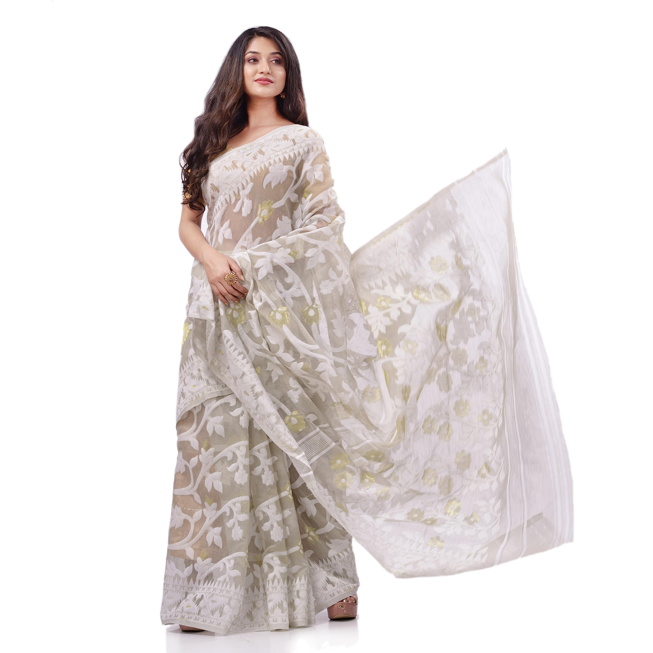 dB DESH BIDESHWomen`s Rangabati Resham Dhakai Jamdani Pure Cotton Handloom Saree without Blouse Piece
