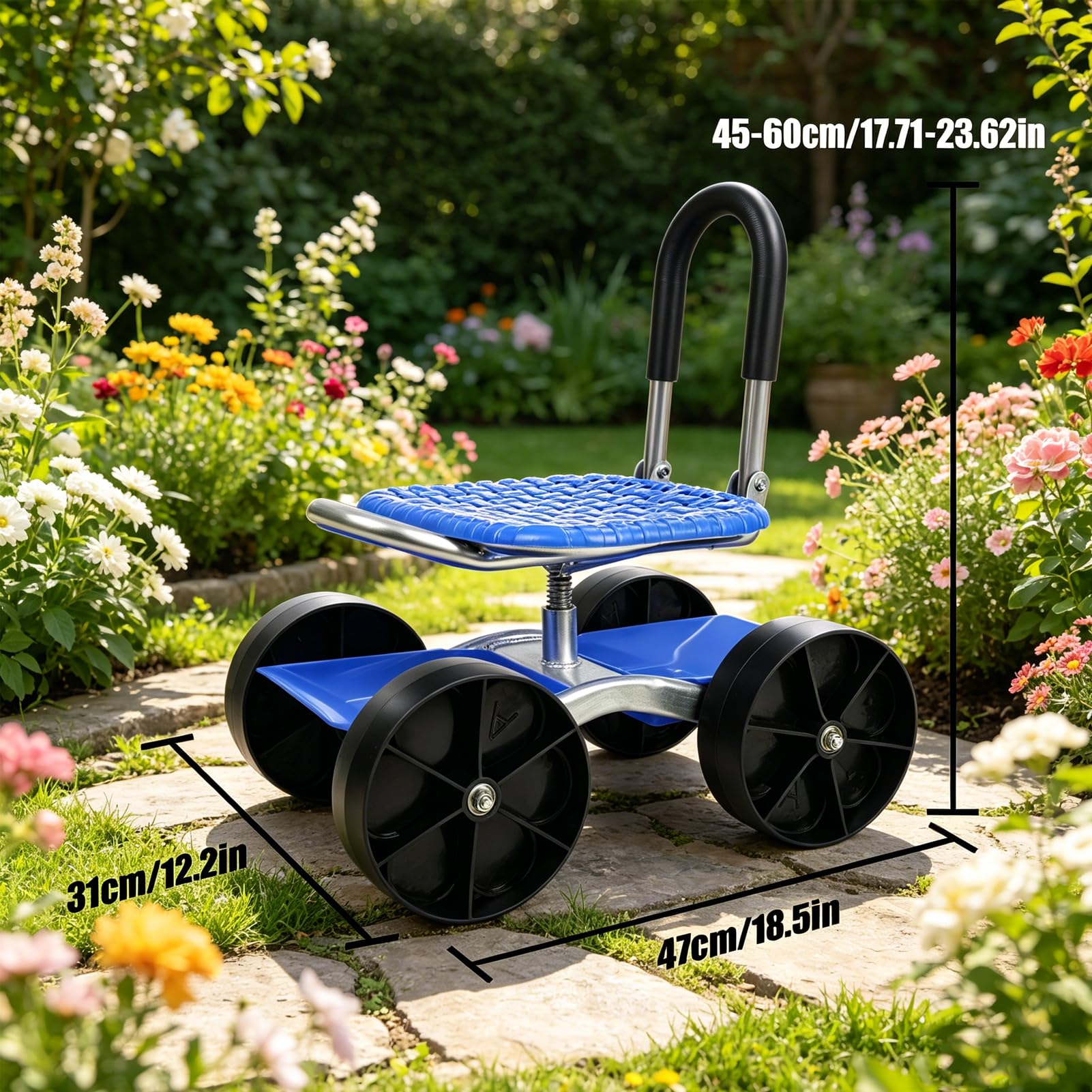 Gartenhocker Mit Rollen, 360° Drehbarer Rollsitz, Höhenverstellbarer Gartensitz, Gartentrolley,Mobiler Gartenhocker Mit Ablage,Arbeitssitz Für Gartenarbeit Garage Werkstatt (Blue)