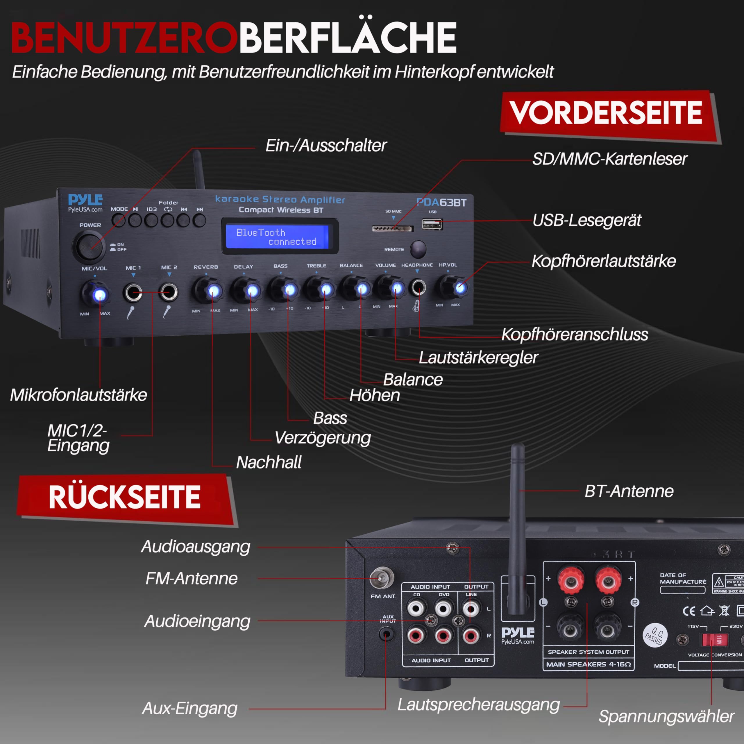Pyle Verstärker 200W Bluetooth Receiver 2 Kanal Stereo mit FM Radio USB/SD AUX RCA Mikrofon Eingänge Bass Höhenregelung Karaoke