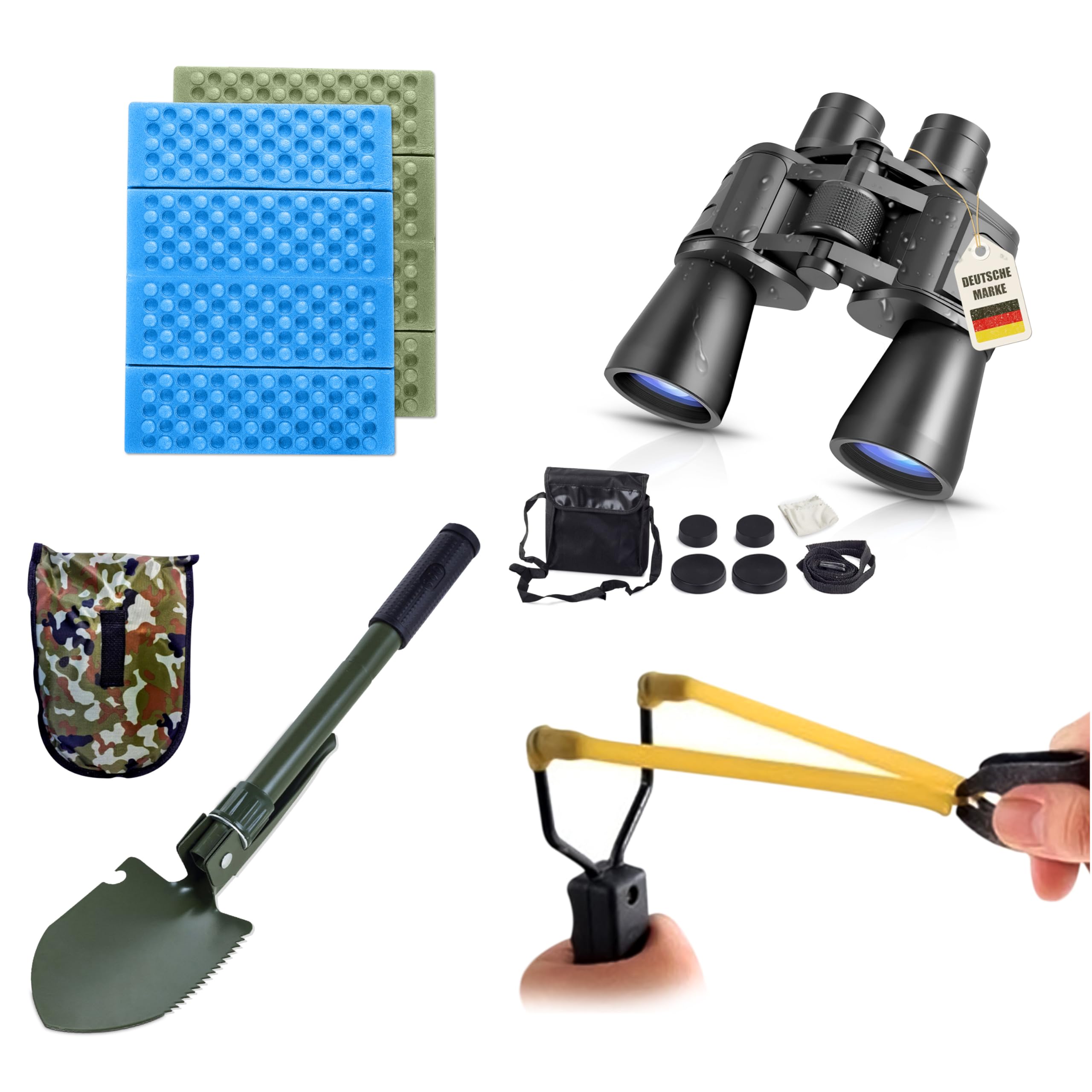 Camping Survival Geschenkset 5-teilig – Multifunktions-Spaten mit Tasche, 2× Thermo-Sitzkissen, Fernglas 20×50 & Steinschleuder – Outdoor Set für Camping, Wandern & Bushcraft