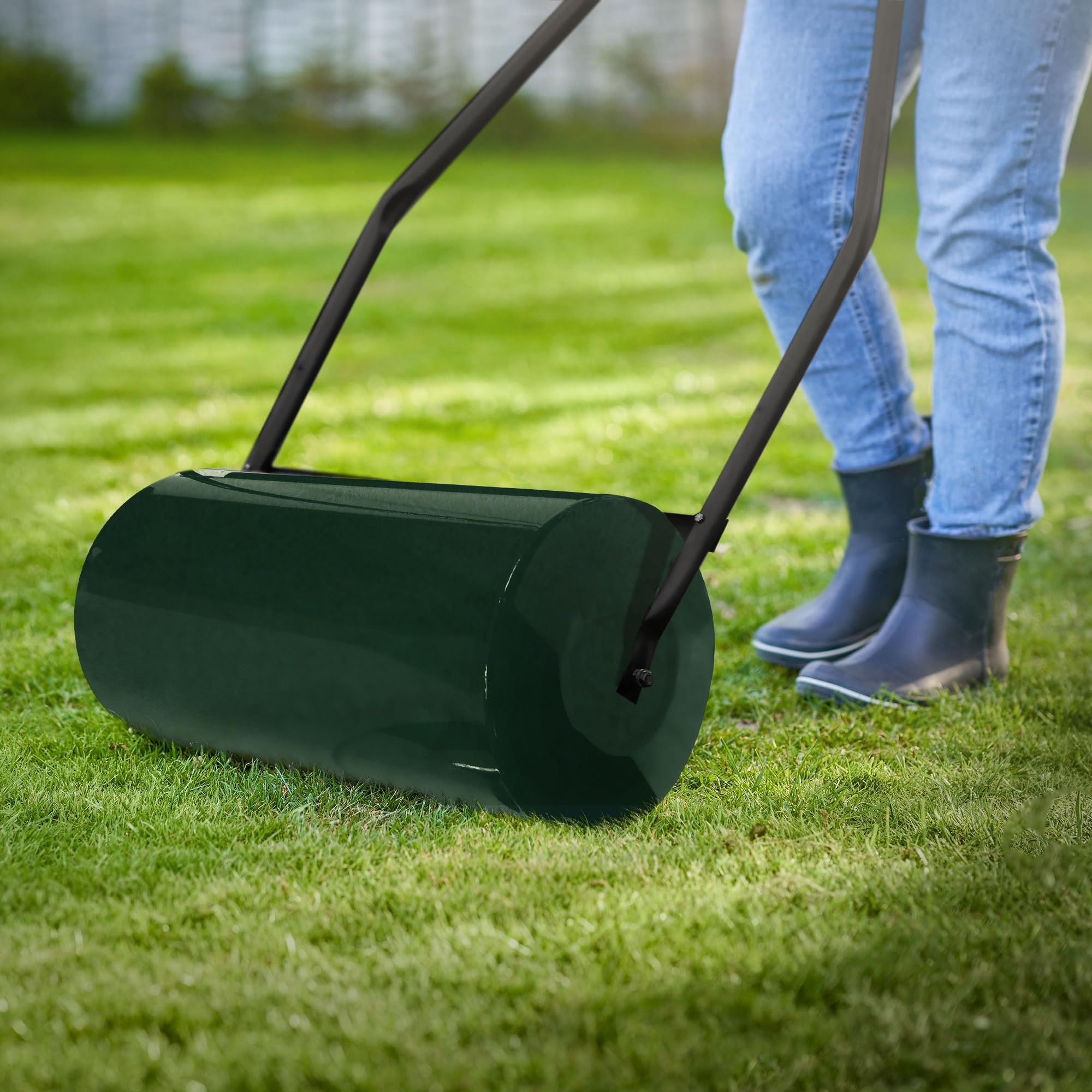 ECD Germany Walec do trawnika napelniany woda lub piaskiem 50 l stalowy reczny do zageszczania podloza i gleby szerokosc 59,5 cm srednica Ø31,5 cm zielony walec ogrodowy z oslona przeciwblotna