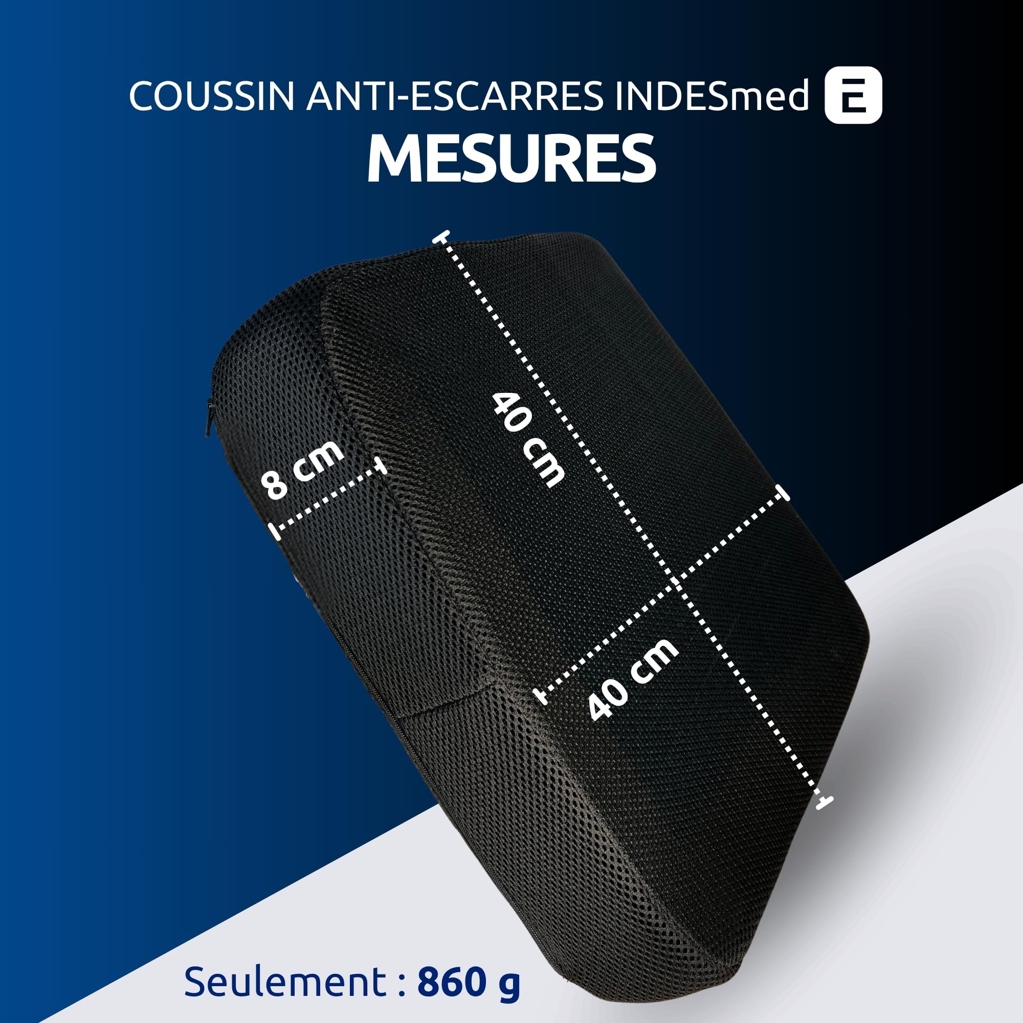 INDESMED | Coussin Ergonomique Gel & Viscoélastique Premium 40x40x8cm – Haute densité, Mémoire de Forme, Prévention des escarres – Housse Lavable, Anti-dérapante – Maison, Voiture & Fauteuil Roulant