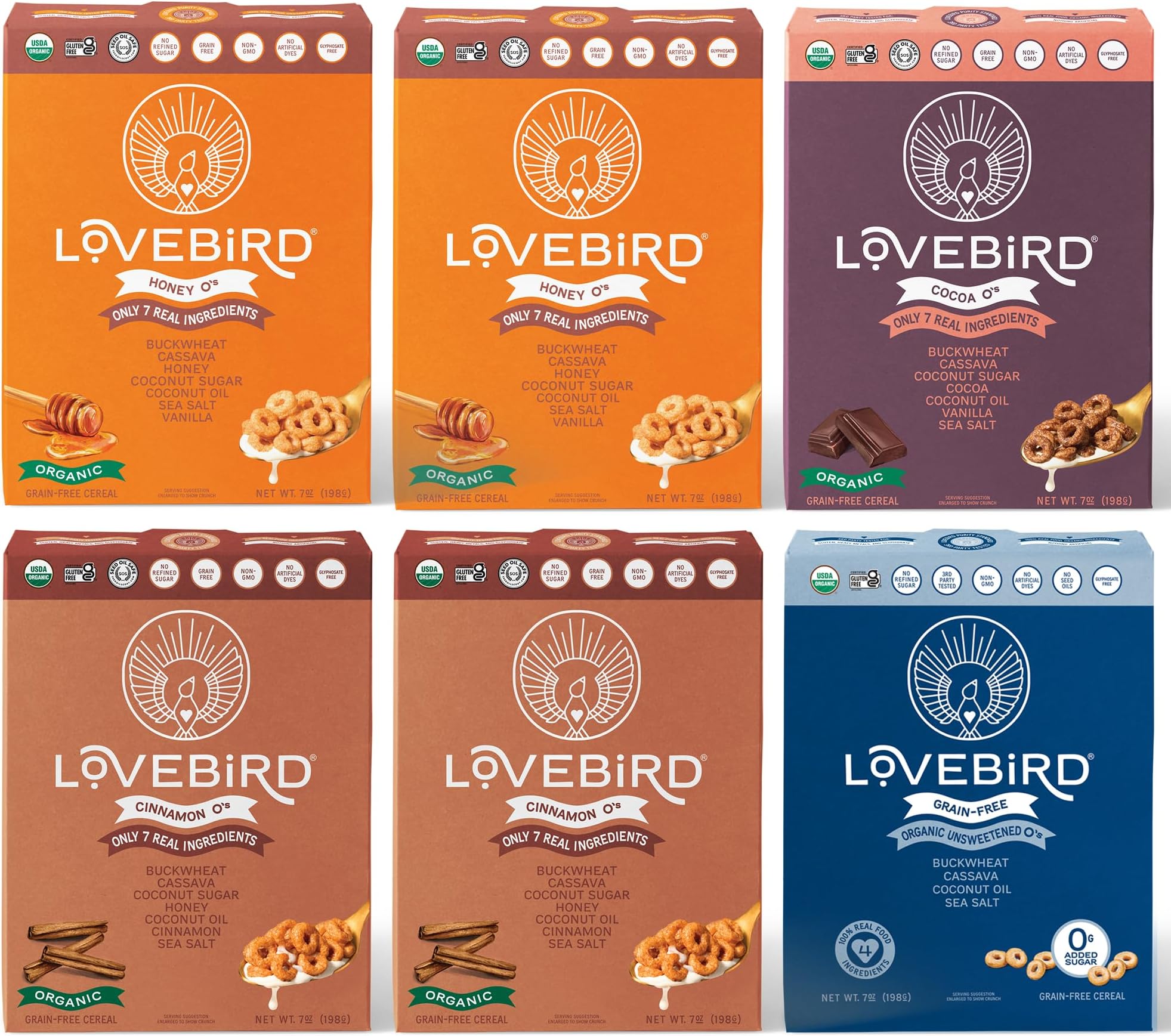 Lovebird Gluten & Grain Free Cereal Variety 6 Pack - Organic AIP Food, Paleo Dairy Free, No Refined Sugar Breakfast Cereals | Healthy Snacks for Kids, Adults - Cacao, Honey, Cinnamon, Unsweetened