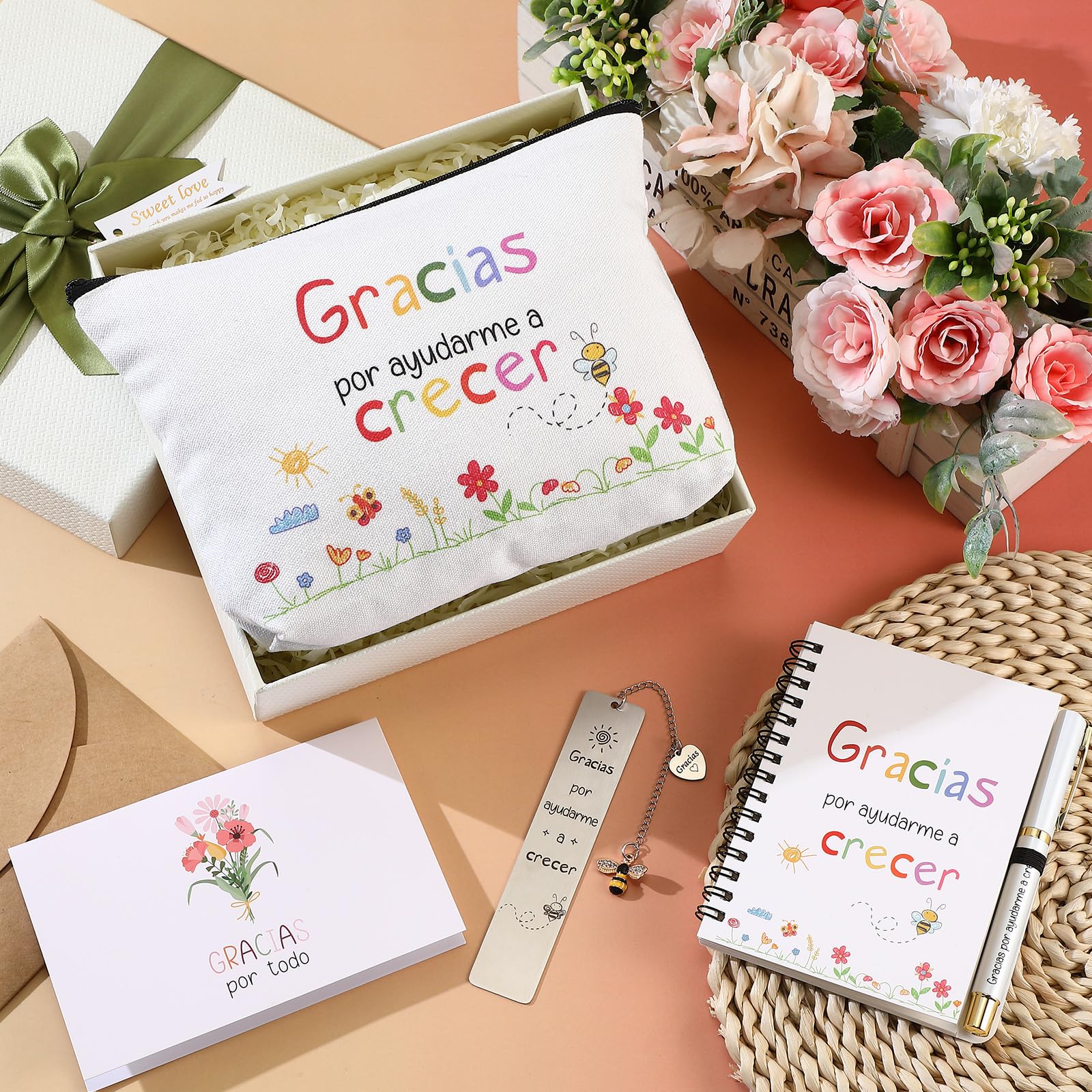 Sinmoe Regalos de Agradecimiento para Profesores Incluir Cuaderno A6 Bolsa de Cosméticos Marcapáginas con Colgante Gratitud Tarjeta de Agradecimiento Doblada(Ayudarme A Crecer)