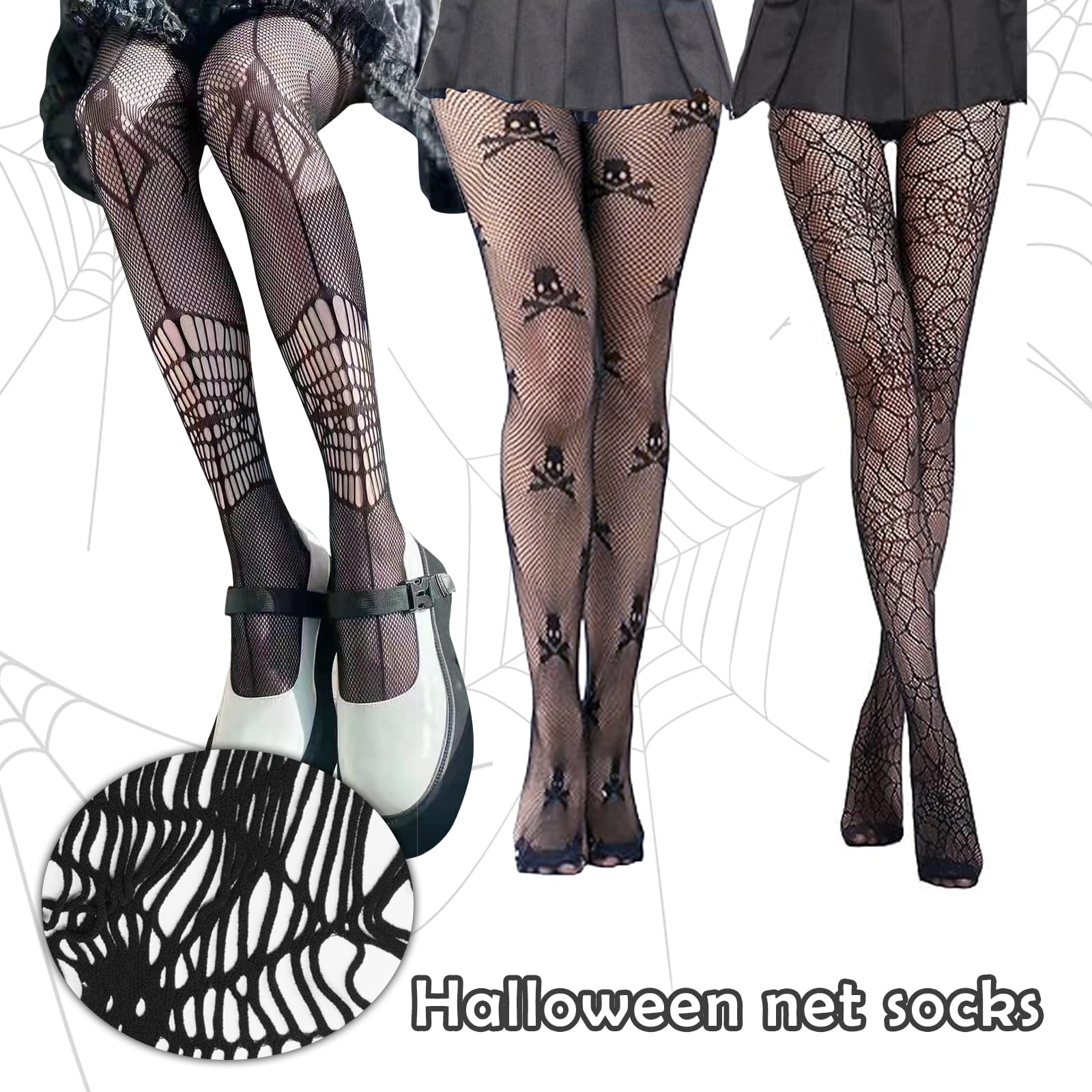 Rajstopy siatkowe na Halloween, czarne, pajęczyna, rajstopy na Dzień Zmarłych, rajstopy szkieletowe, damskie rajstopy, Halloween, akcesoria kostiumowe, Dzień Zmarłych, festiwal, karnawał