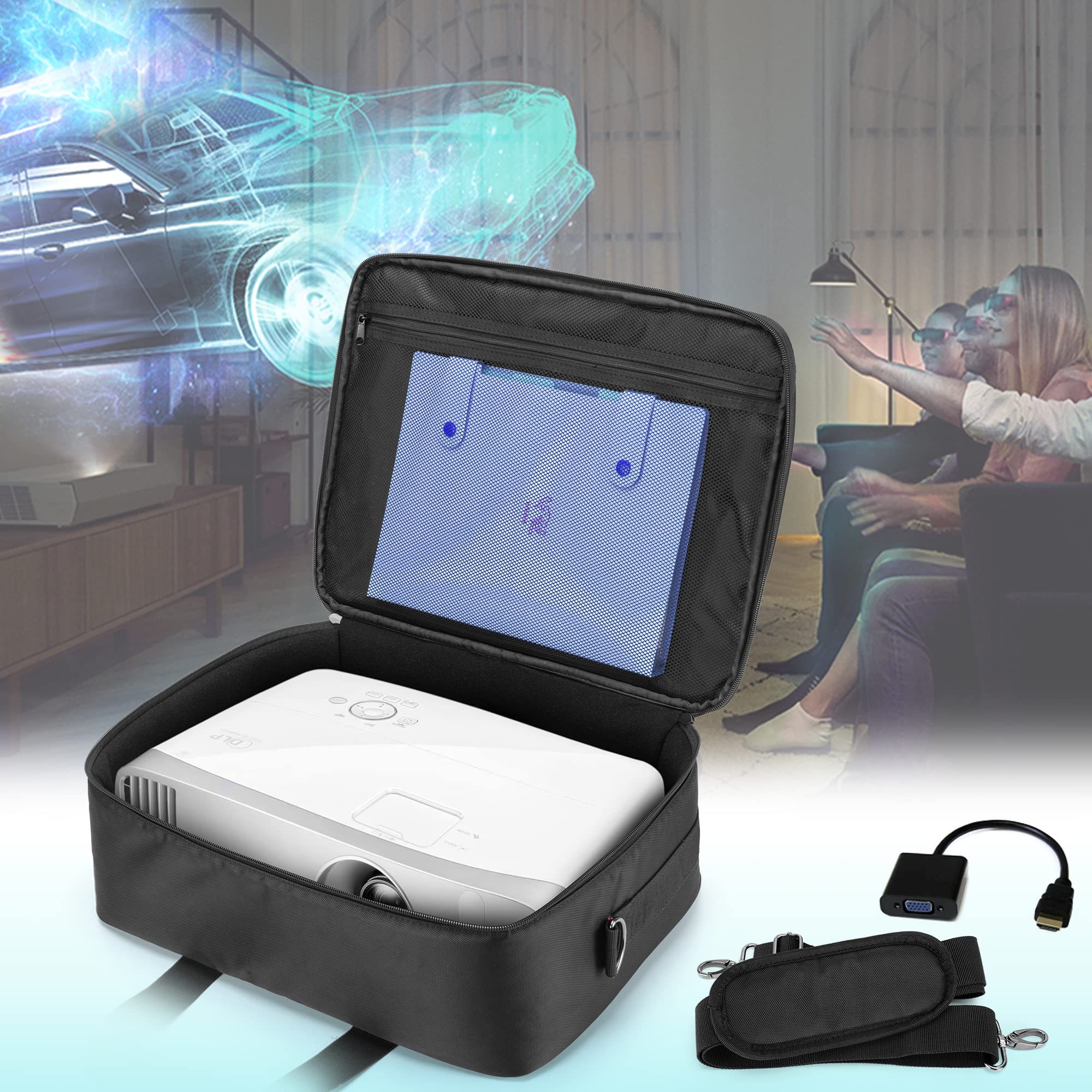 Funda de transporte para proyector, bolsa para proyector con compartimento para laptop compatible con la mayoría de los principales proyectores, solo bolsa, color negro (diseño patentado), 7