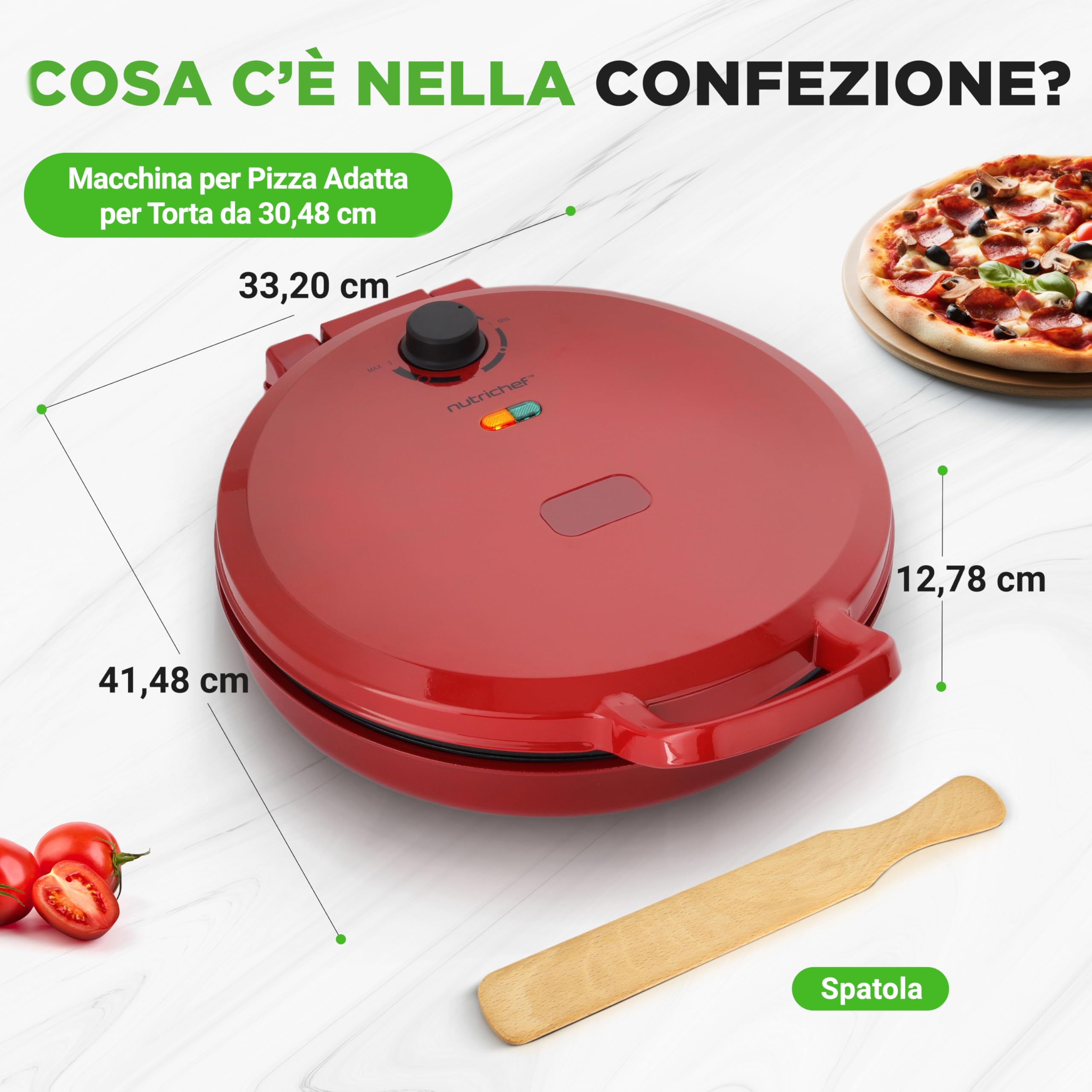 NutriChef Forno Pizza, Cuoci Pizza, Uova, Toast, Pancake e Piadina, 1500 Watt, 30 cm, Manici Termici Salvaspazio, 80–200°C, Pizza Fatta in Casa Croccante, Pizza Surgelata, Pizzaiolo, Rosso