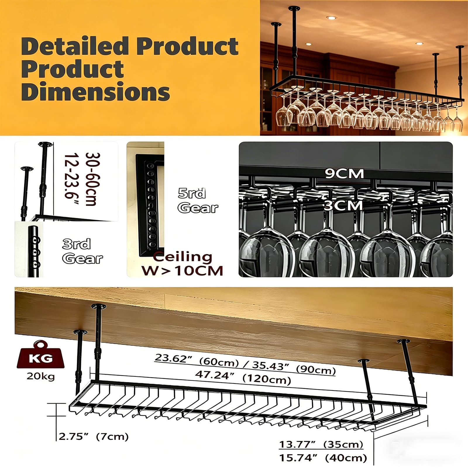 Soporte para Copas de Vino Colgante de Techo de Metal, Altura Ajustable Estilo Industrial – Colgador de Copas y Botellero para Bar, Café, Cocina y Club (Negro, 121cm)