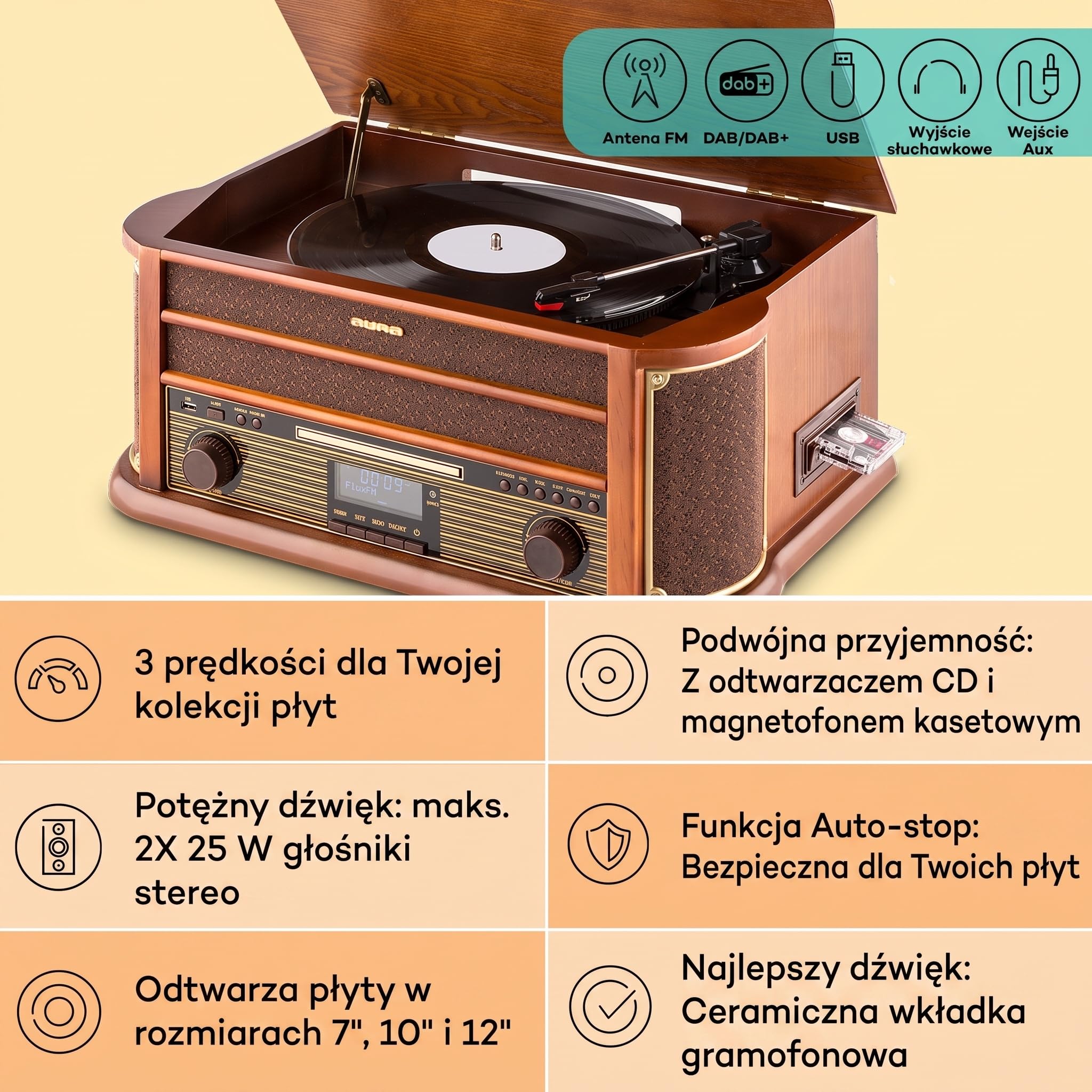 auna Belle Epoque 1908 - wieża retro, gramofon, system stereo, radio cyfrowe, tuner MP3, RDS, kaseta, port USB, CD, DAB+ i Bluetooth, brązowy