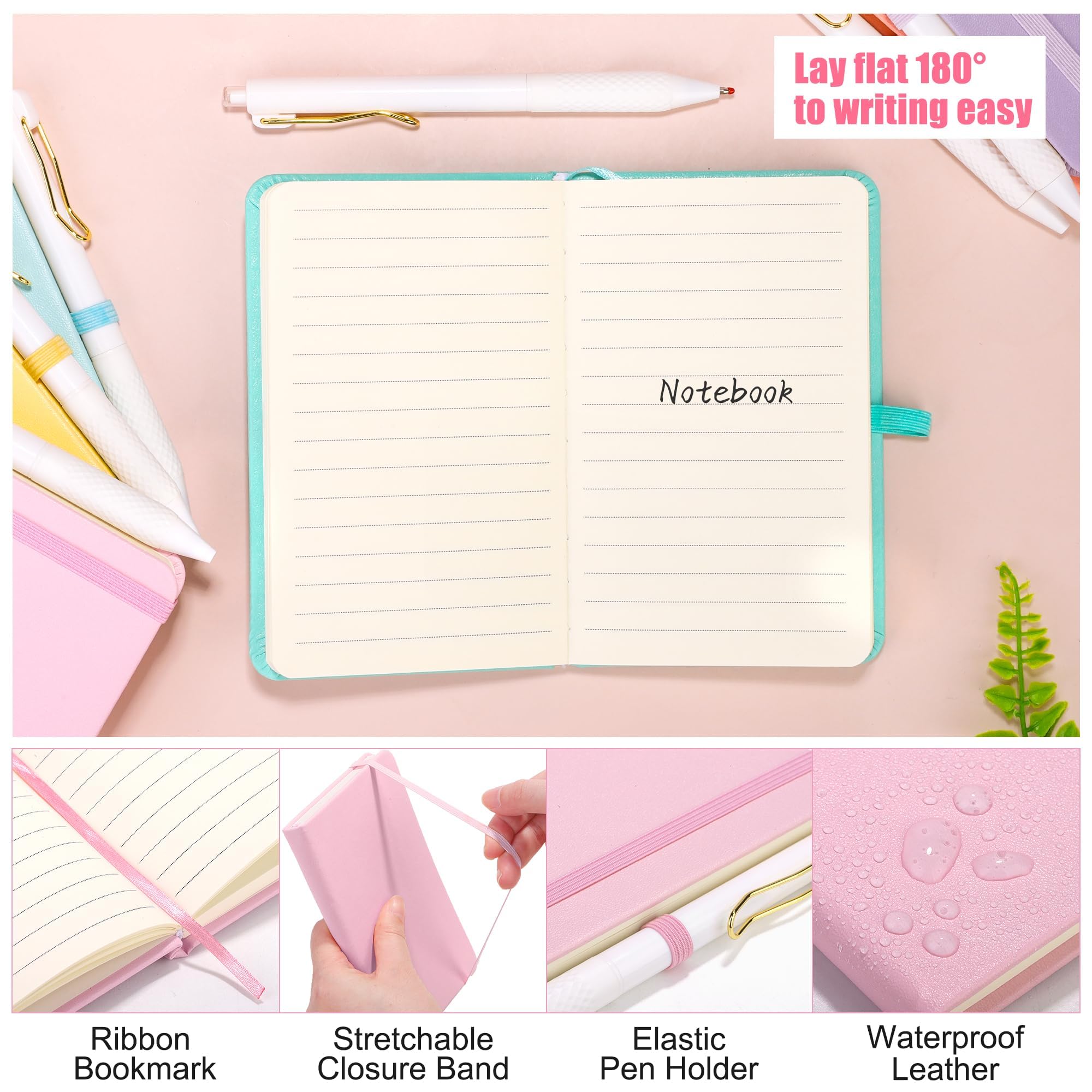 Aodaer 50 juegos de cuadernos de bolsillo con bolígrafos, 160 páginas, 3.5 x 5.5 pulgadas, mini cuaderno rayado A6 de cuero de tapa dura con soporte para bolígrafo para la escuela, oficina, multicolor