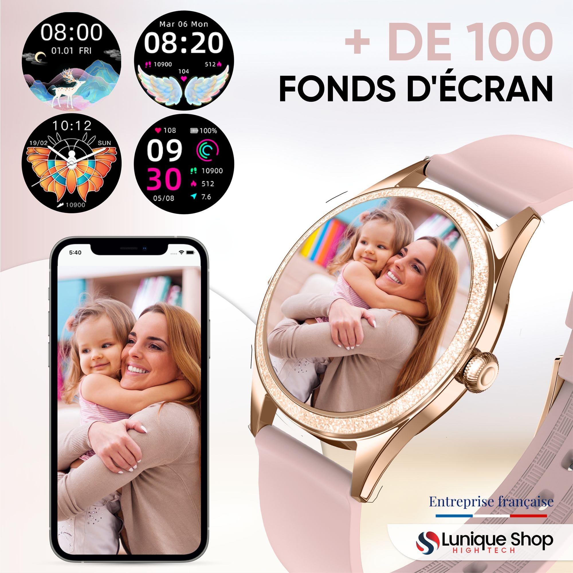 Montre Connectée Femme LSLUXE Brillante | Montre Tension Arterielle | Smartwatch | Montre Podometre Femme | Fitness| Cardiofréquencemètre | Montre Intelligente iOS Android |Rose