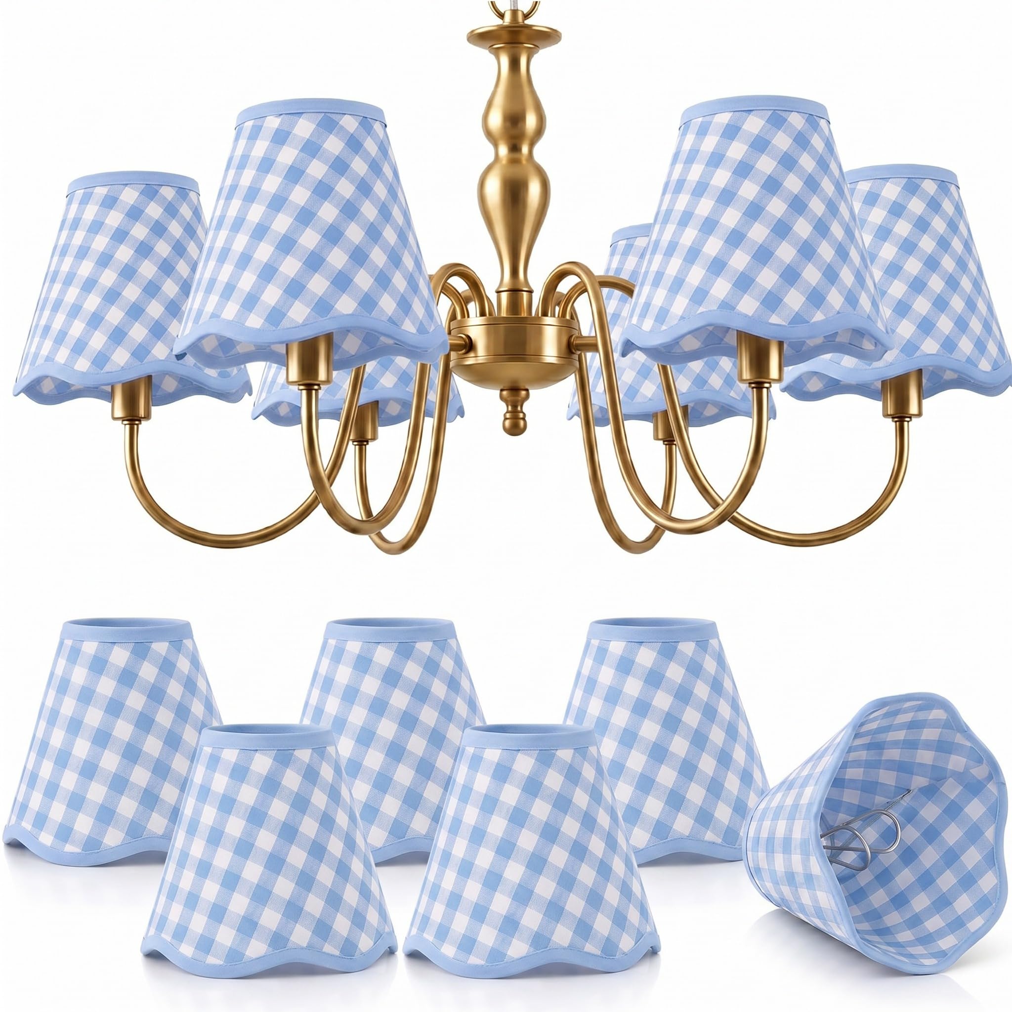 Gerrii 6 Pack Blue Gingham Chandelier Lamp Shades 2.9" Top x 5.9" Bottom x 5.1" High Mini Scalloped Bell Shade with Petal Edge Small Lamp Shade Clip on Bulb for Wall Livingroom Bedroom Easy Assembly