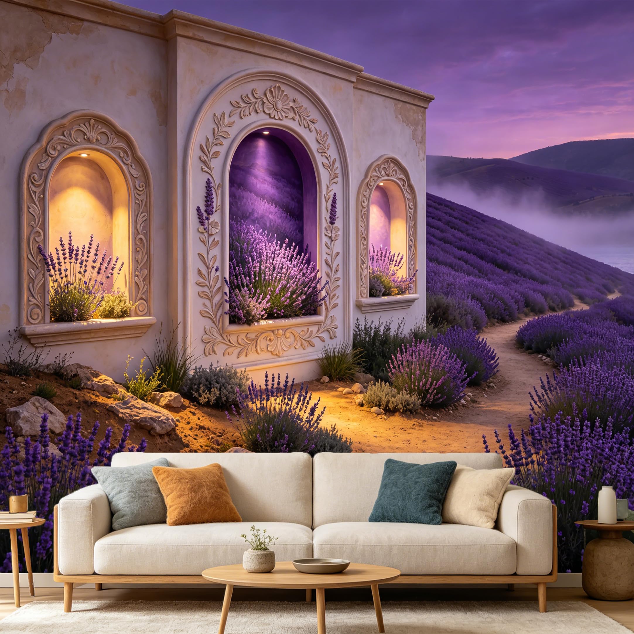 Custom Size Wall Mural， Provence Purple Flower Field Sunset Landscape， 3D Architectural Archway View， SelfAdhesive Art Prints wall Fabric Removable Large Wallpaper Home Living Room Decor