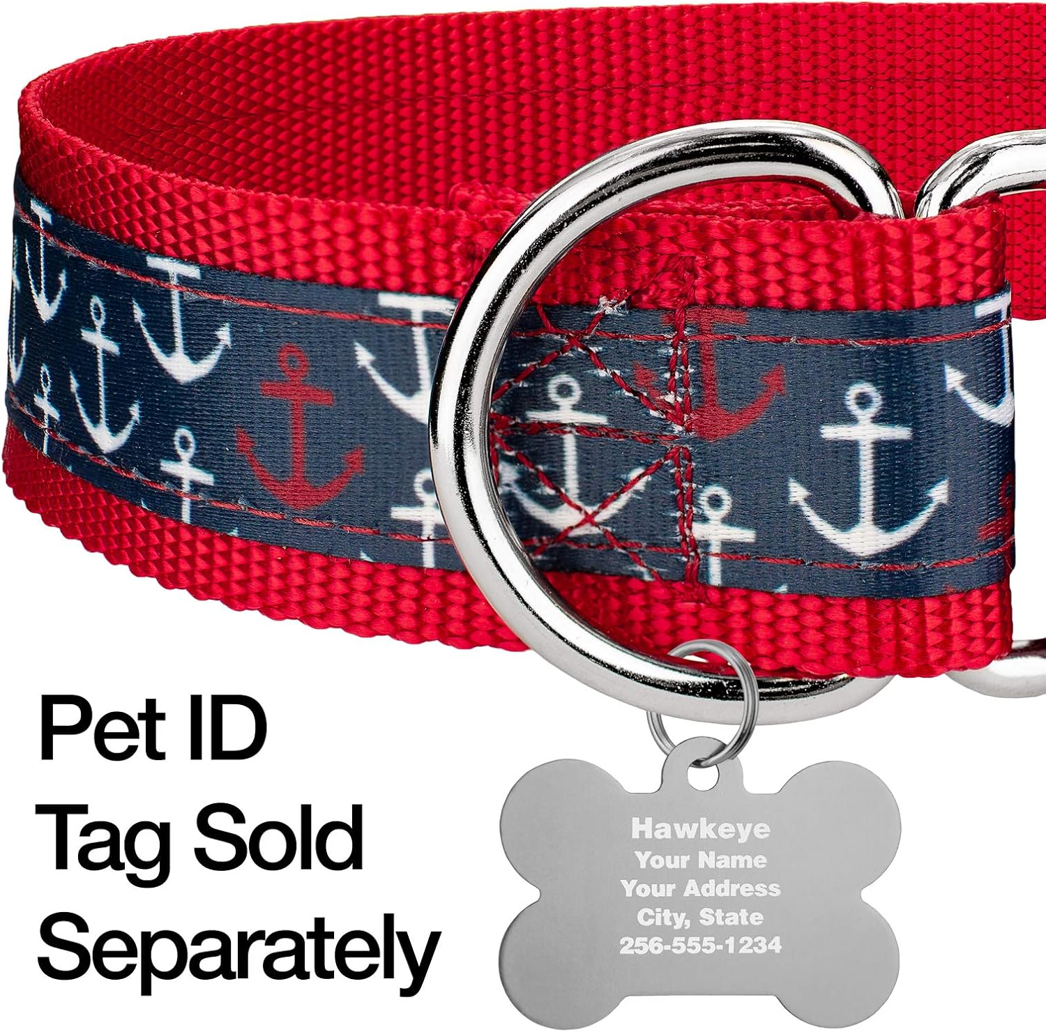 Country Brook Petz Anchors Away Signature Nylon Martingale Adjustable Dog Collar, No Buckle - 1 1/2 Inch Wide - Medium
