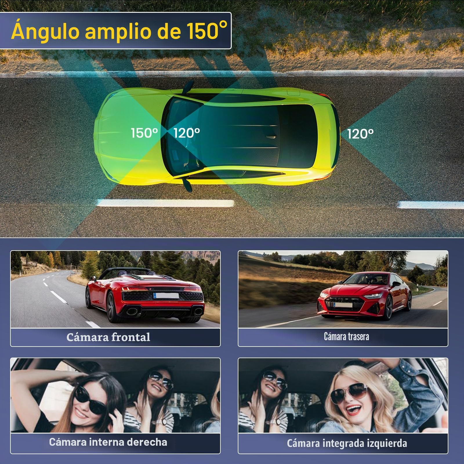 Hikity 2K WiFi Dashcam 4 Dashcam con Pantalla IPS G-Sensor Tarjeta TF 64G | IPS Dashcam con Coche Control APP Ángulo 360° Modo Aparcamiento 24H Grabación Continua Cámara de Coche Visión Nocturna