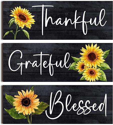 3 piezas de decoración de girasol, regalos de girasol para mujeres, decoración de pared de madera bendita agradecida, decoración de cocina de girasol