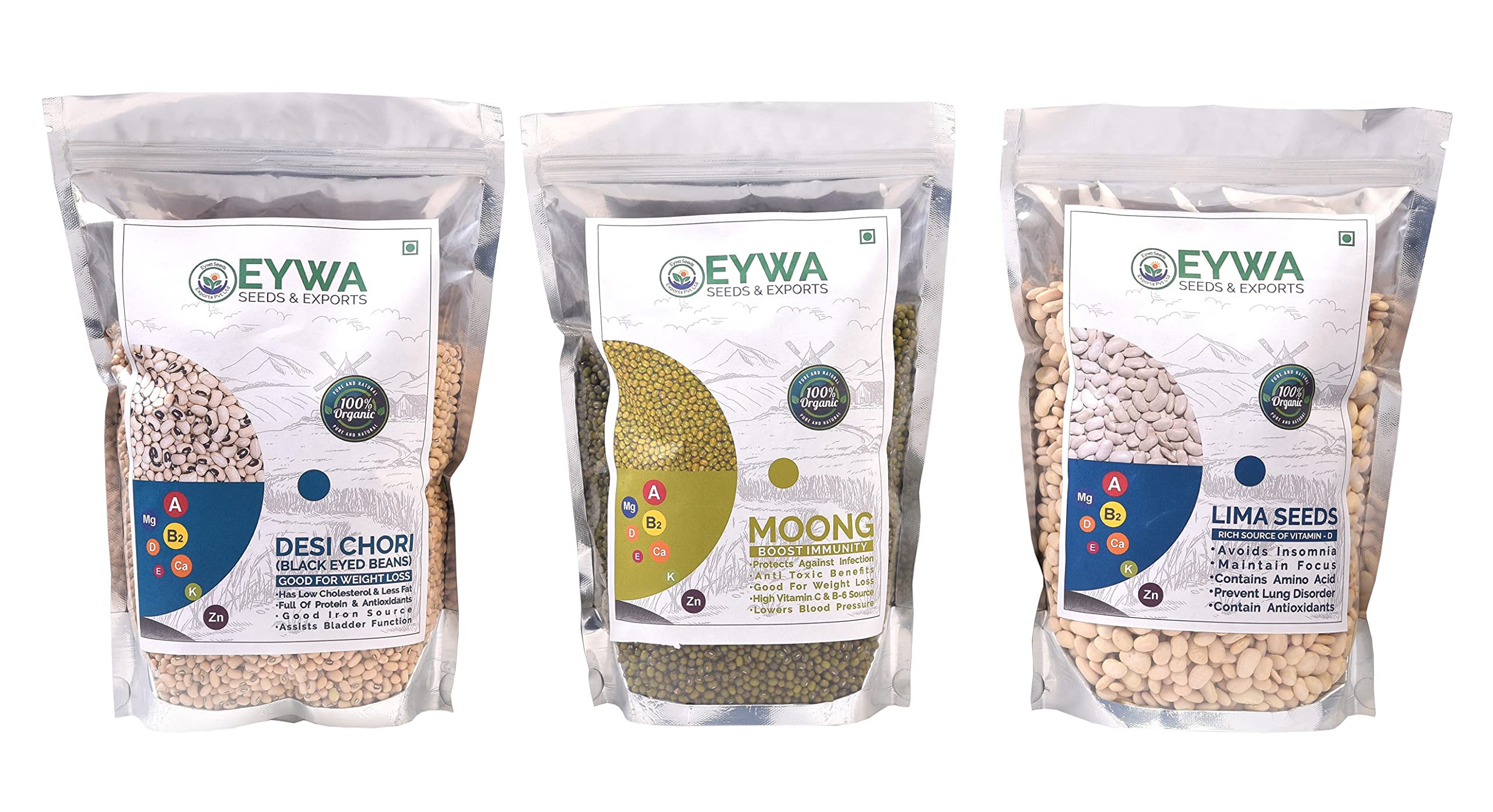 EYWA Present's Desi Chori (Black Eyed Beans) + Moong + Lima Seeds - Combo Pack - 250 Grams Per Packaging