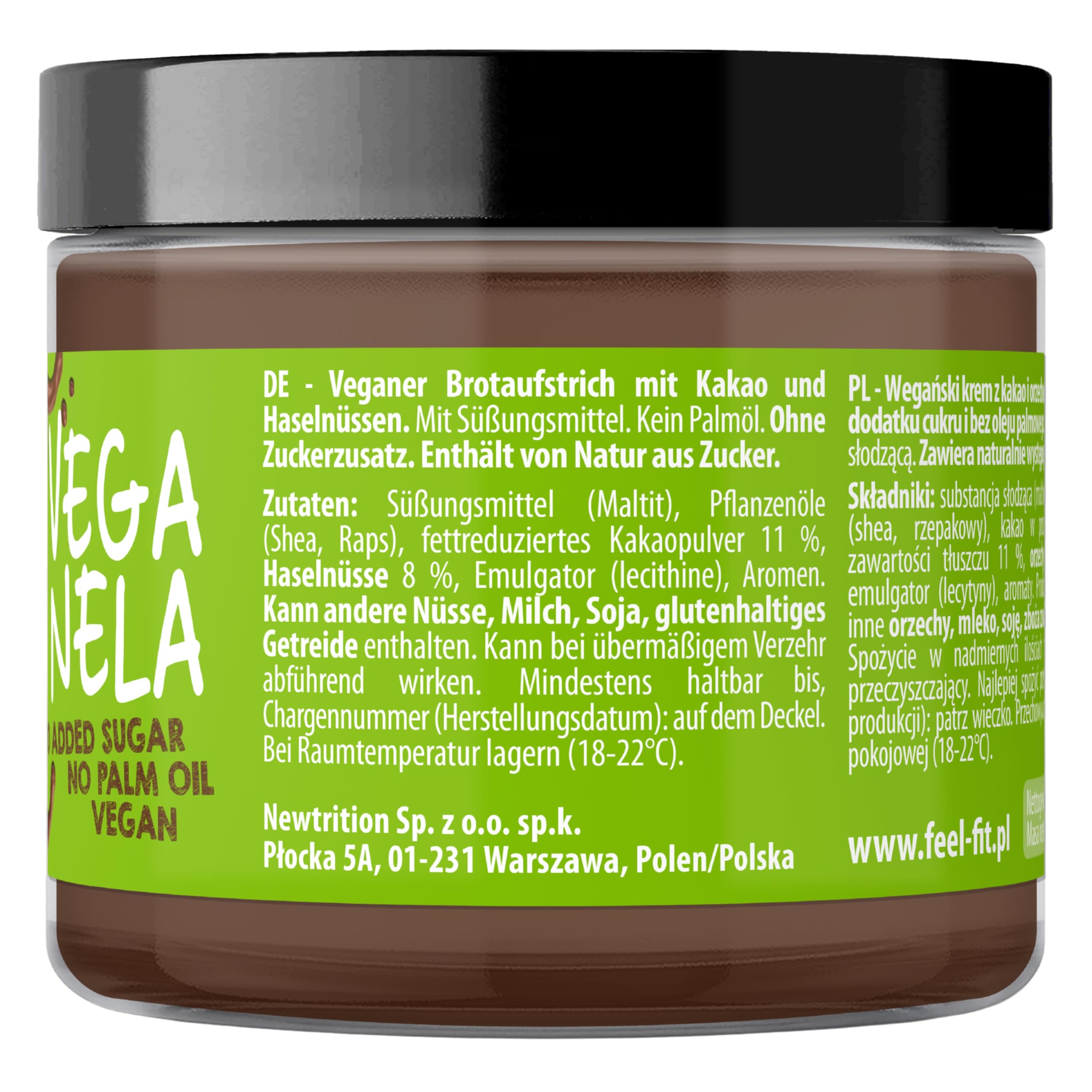 Feel FIT VEGANELA - Haselnuss-Kakao-Aufstrich 6 x 200 g – vegan, ohne Zuckerzusatz, ohne Palmöl – Schoko-Nuss-Creme, Brotaufstrich ohne Zucker