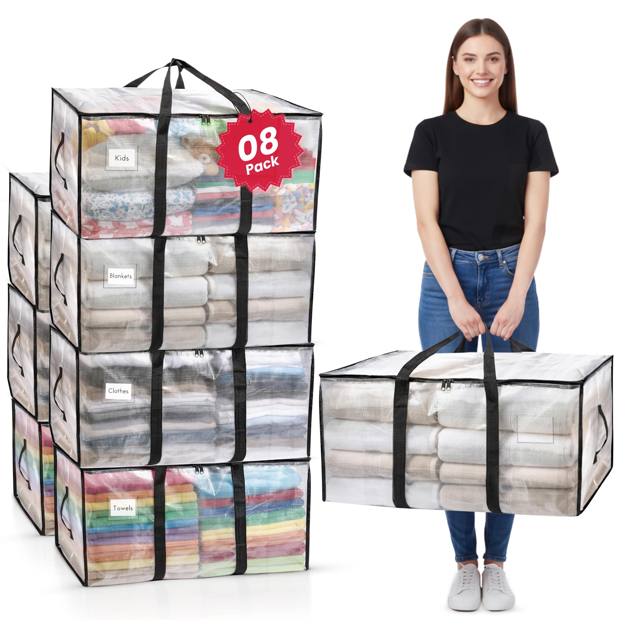 Homxters Heavy Duty Extra Large Clear Storage Bags with Zipper Pack of 8-Clothes Moving Bags - Strong Handles & Straps - 90L Large Foldable Plastic Water Resistant Packing Tote for Duvet, Bedding