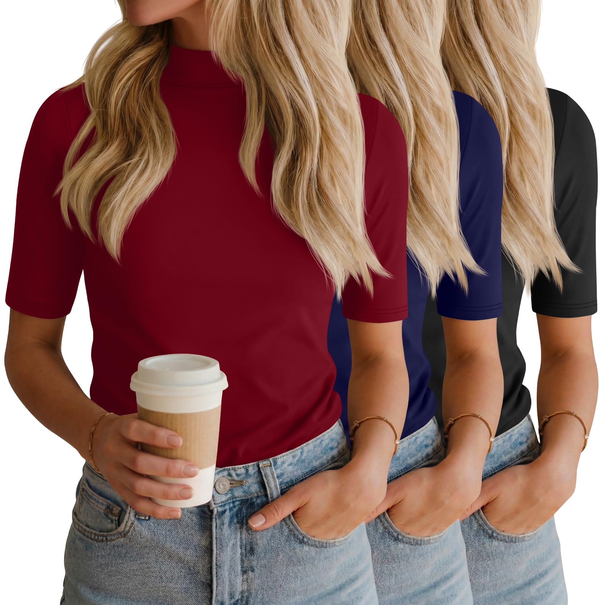 Ficerd 3 Pack Women's Mock Neck Tops 1/2 Half Sleeve Dressy Casual Tunic T-Shirts Slim Fit Going Out Basic Shirts 2026