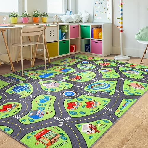 Alfombra de juego para niños de 4 x 6 pies, alfombra educativa para niños para autos de juguete, alfombra antideslizante para sala de juegos para