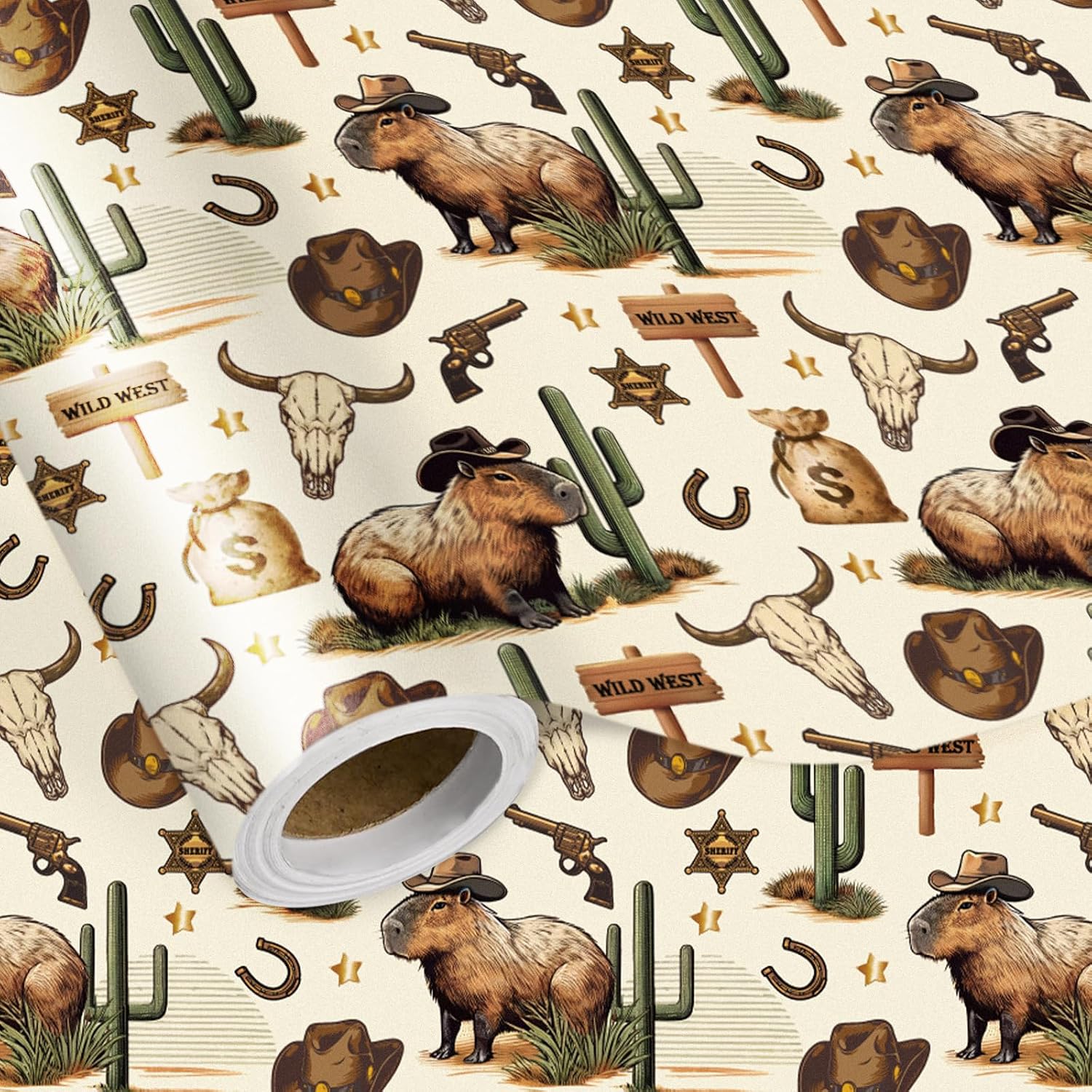 LeZakaa Cowboy Capybara Wrapping Paper Roll, Western Desert Capybara Gift Wrap for Birthday, Western Party, Animal Lovers, Fun Gifts, Mini Roll 17 in x 16.4 Feet