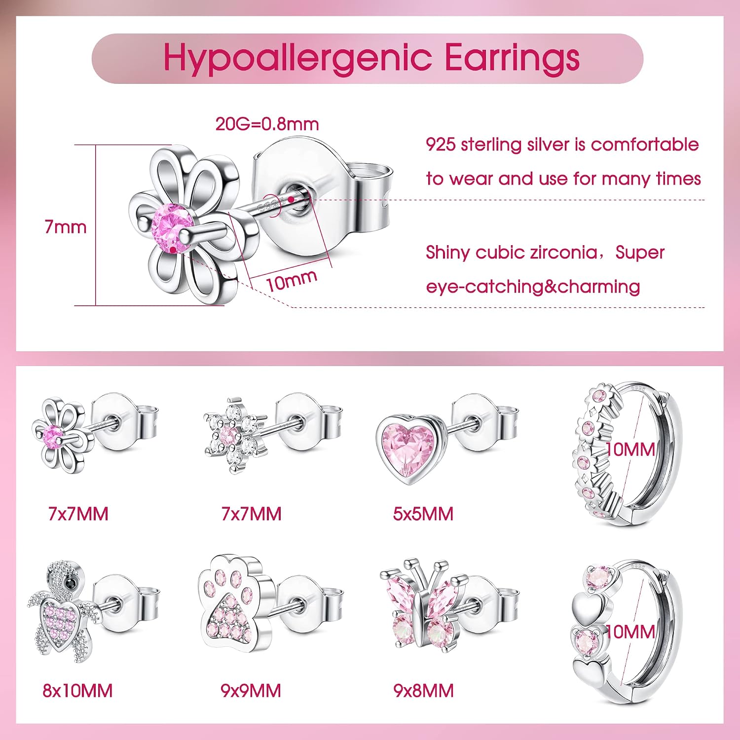 8 Pairs 925 Sterling Silver Post Stud Earrings Set Hypoallergenic Pink Heart Cz Earrings Cute Butterfly Flower Dog Paw Turtle Stud Earrings Hoops Earrings For Women Over 3 Years Old