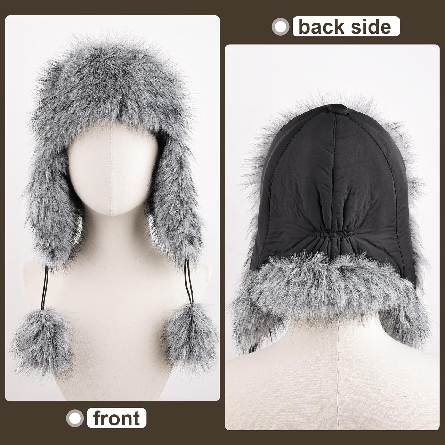 Women Faux Fur Trapper Hat with Pompoms Warm Classic Ear Flaps Fuzzy Bobble Cap Warm Outdoor Ski Snow Cap for Women and Men - Image 3