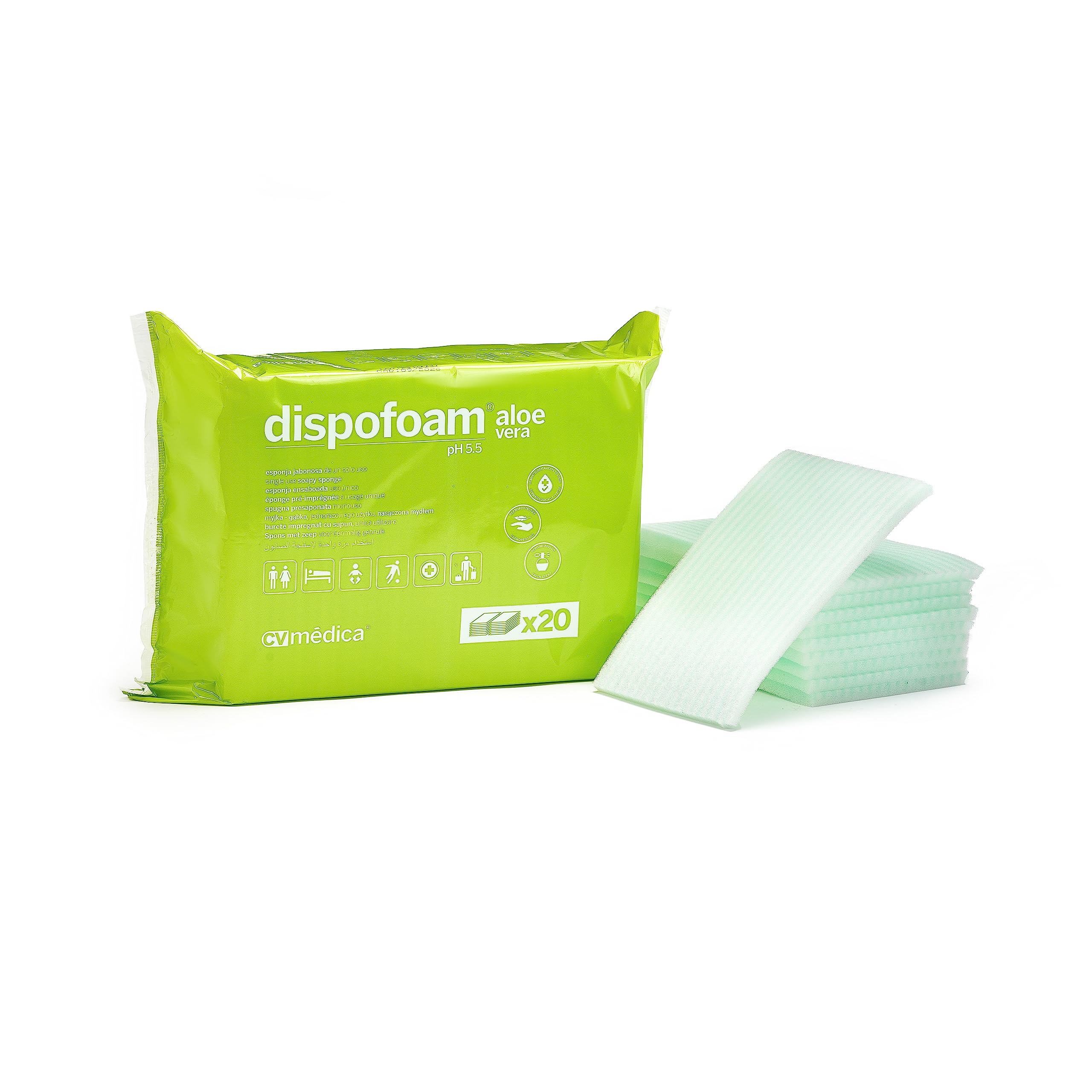 Dispofoam Aloe Vera Esponja jabonosa desechable para pieles sensibles, 12x20x1 cm. Pack 20 uds.