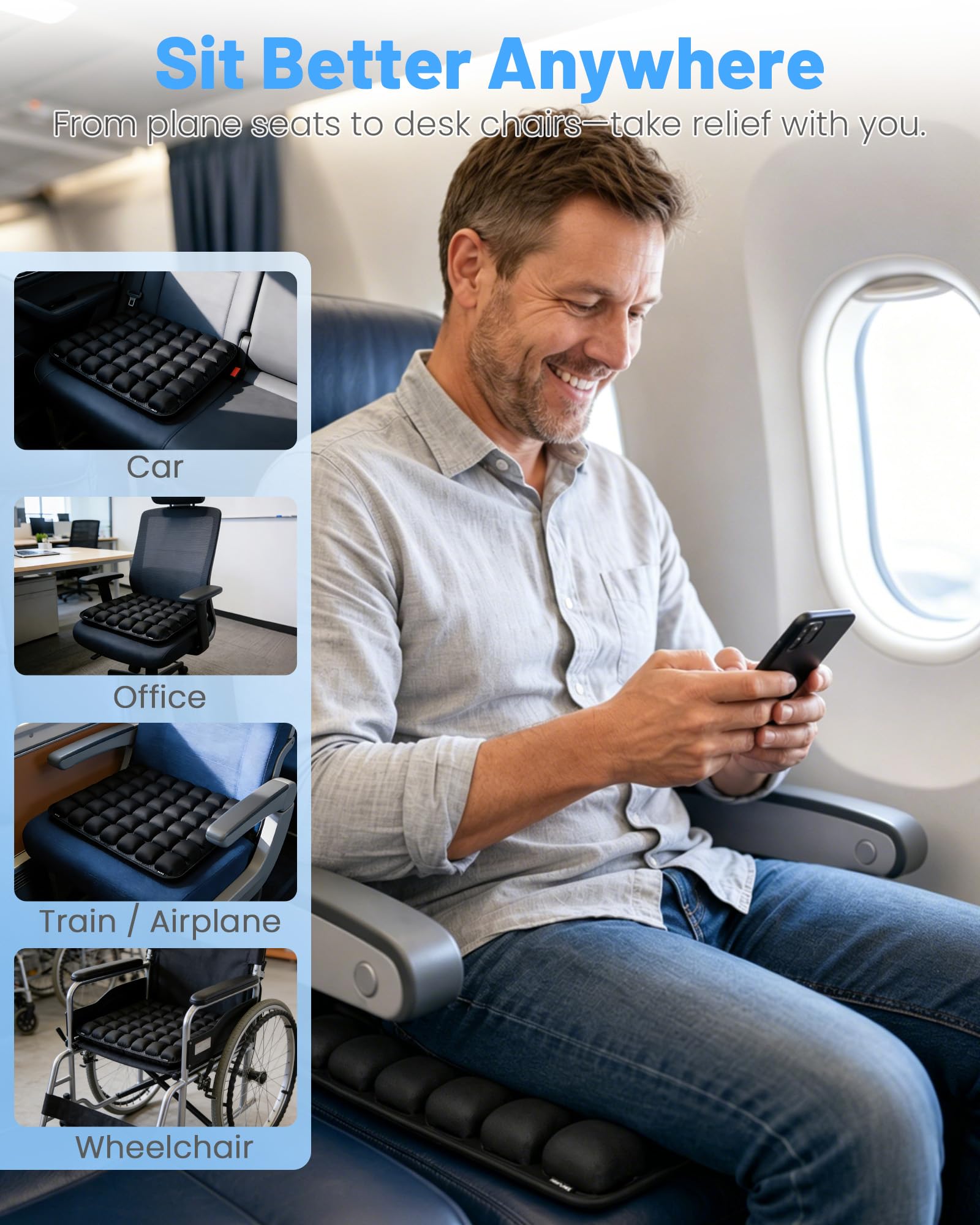LeMotech Cuscino da viaggio per aereo, portatile e regolabile, supporto ergonomico confortevole, cuscino gonfiabile ad aria con fondo antiscivolo per lunghi voli, ufficio, campeggio, sedia a rotelle