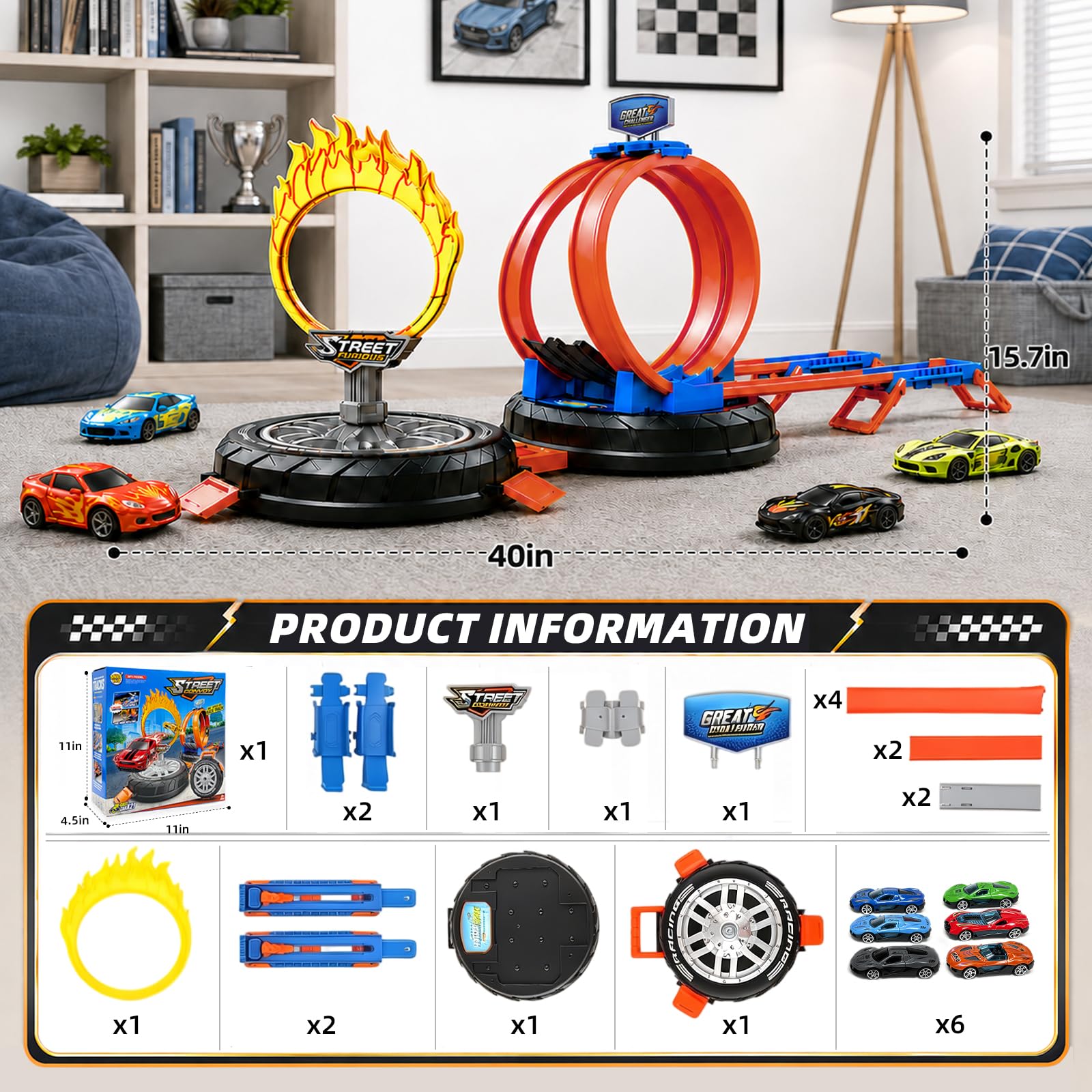 Ronronner Circuit Voiture Transformable avec Boucle 360° & Anneau de Feu – Circuit Voiture Enfant Flexible, 6 Mini Voitures, Auto Spielzeug Circuit Électrique sans Pile pour Garçons