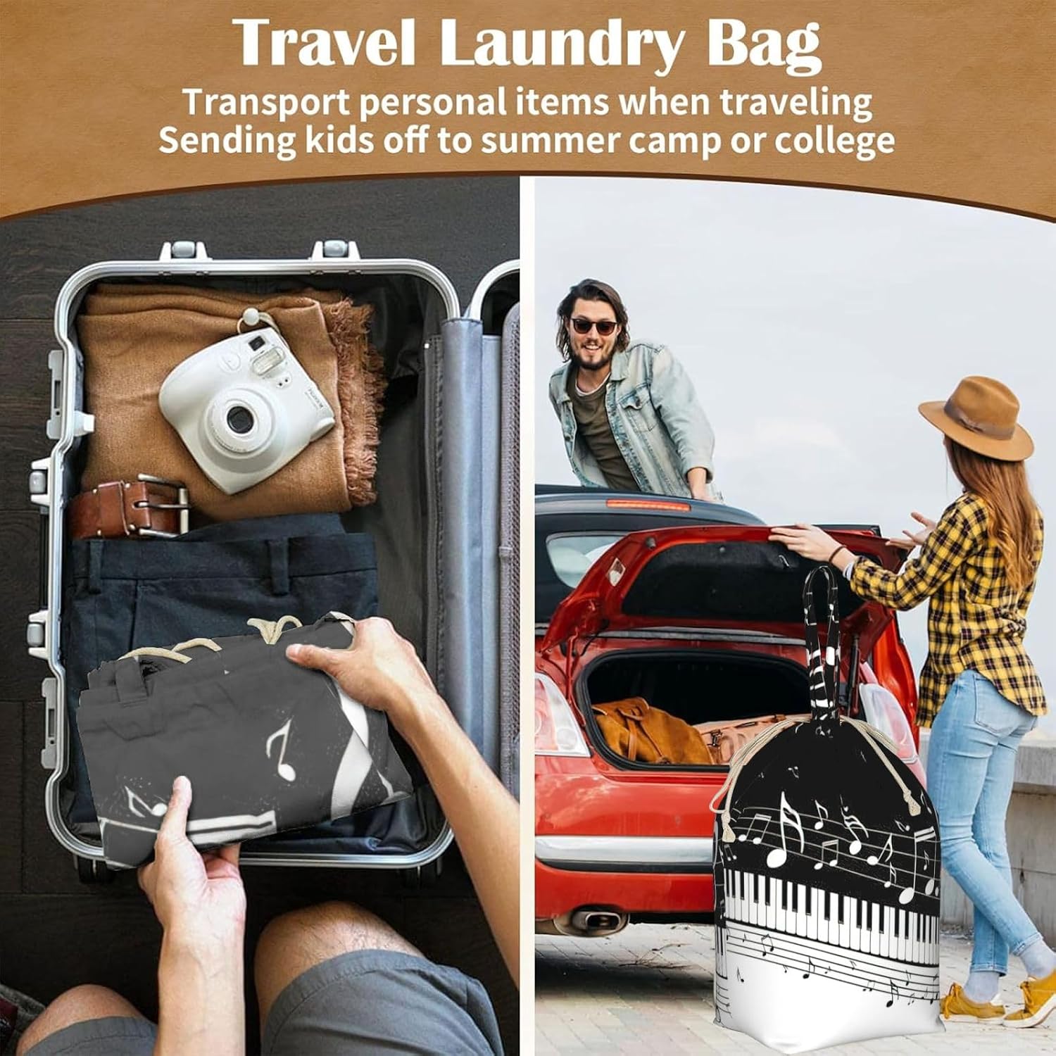 Oxford Piano Keys with Musical Notes Print Large-capacity drawstring laundry bag with Handles for Dorm,Hotel