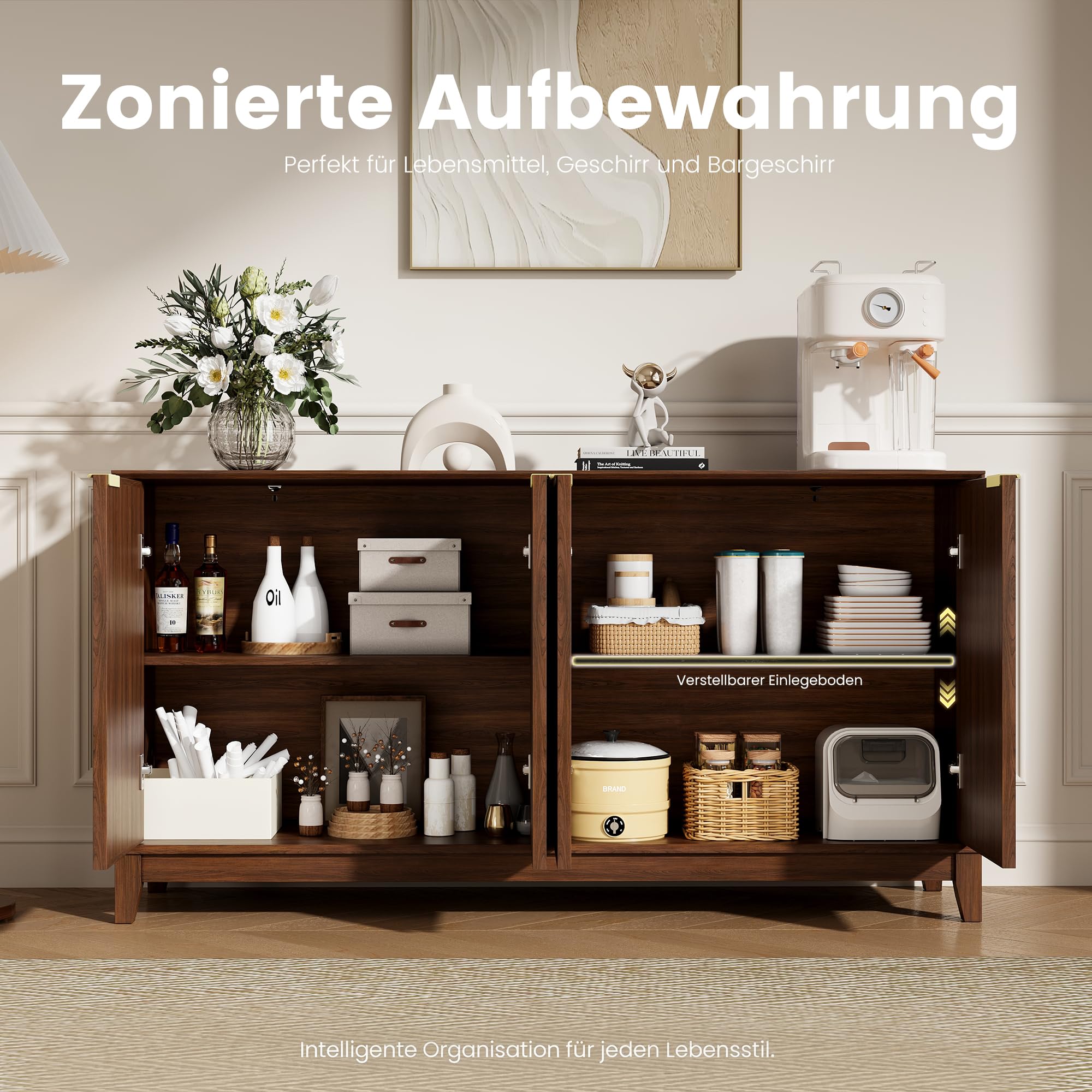 COLAMY Sideboard 150 cm Holz mit Stauraum – Modernes Sideboard für Wohnzimmer, Küchenschrank mit verstellbaren Einlegeböden, Buffet Schrank mit 3D Holzfront, Walnut