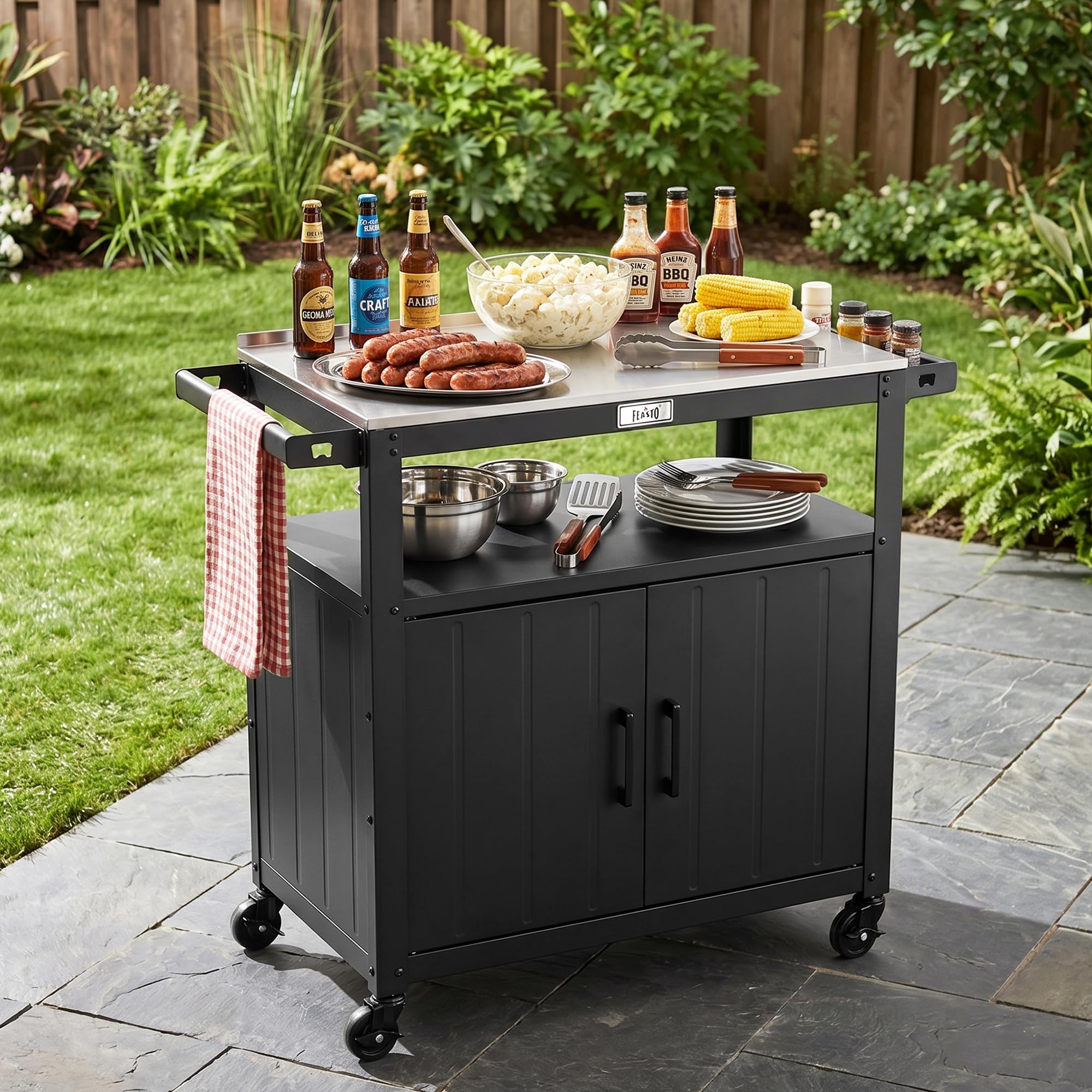 Feasto Servierwagen mit Rollen, Grillwagen mit Schrank, Edelstahlplatte, Outdoor Küche für Terrasse & Garten, 100x45x89,5 cm