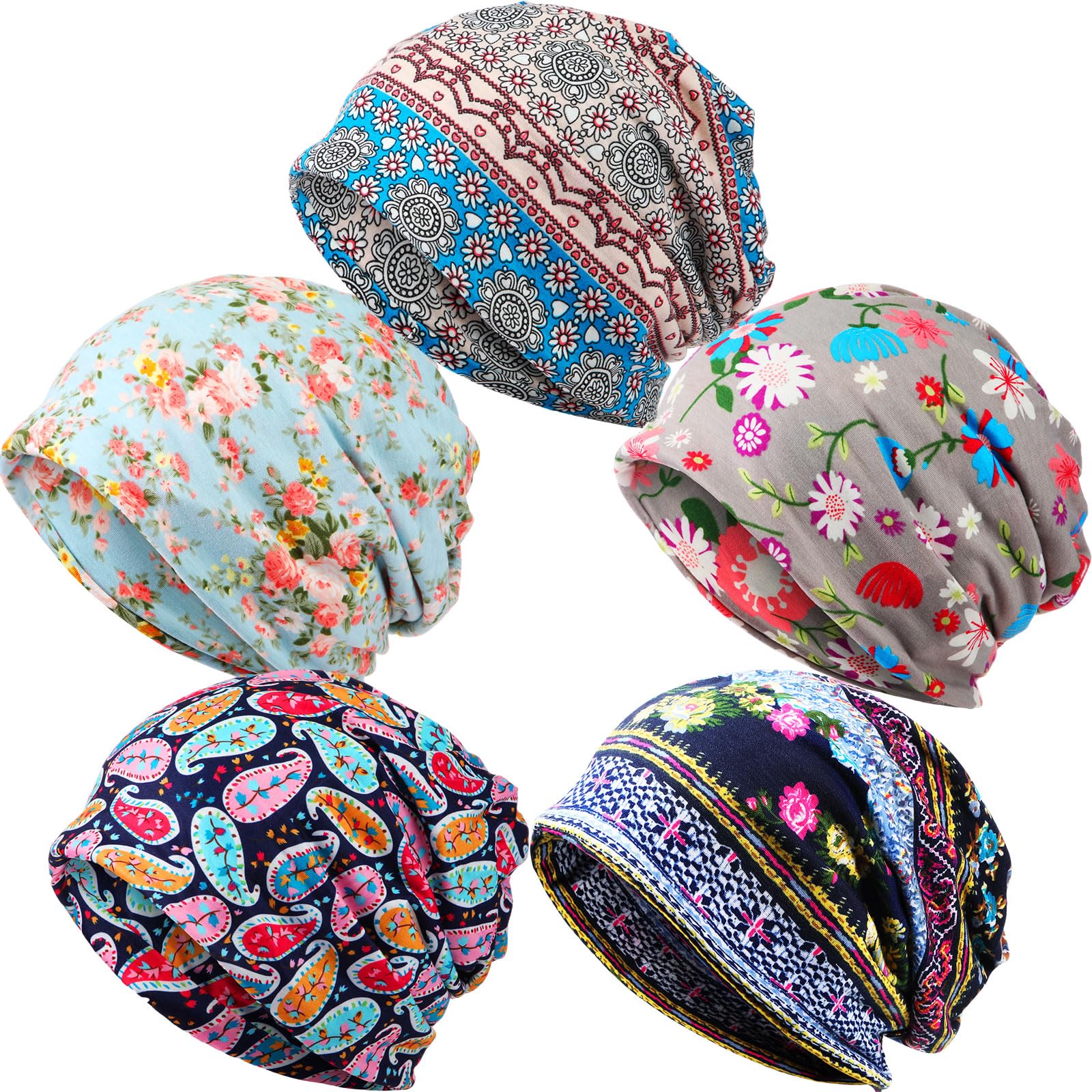 SATINIOR5 Pieces Women's Slouchy Beanie Chemo Hat Stretch Cancer Head Wraps Sleep Head Scarf for Cancer Patient