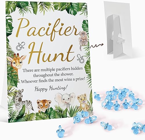 Cartel de juegos de caza para baby shower (8 x 11 pulgadas), juego de regalo para bebé, 50 chupetes acrílicos de plástico para revelación de género