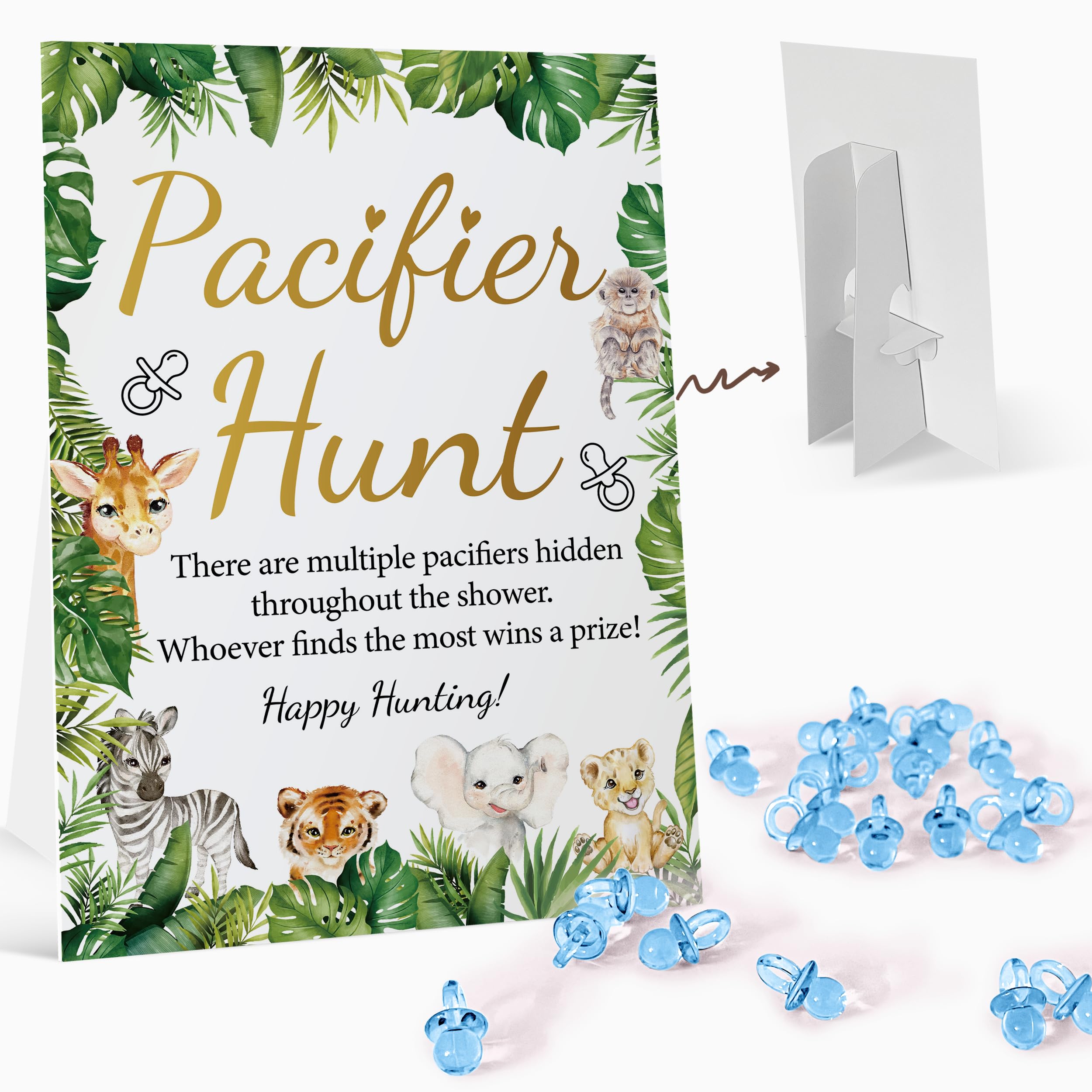 Baby Pacifier Hunt Baby Shower Games Sign (8×11 inch), Safari Jungle Zoo Forest Animals Theme Baby Gift Sets, 50 Acrylic Baby Pacifiers Mini Plastic Pacifiers for Baby Gender Reveal Gender