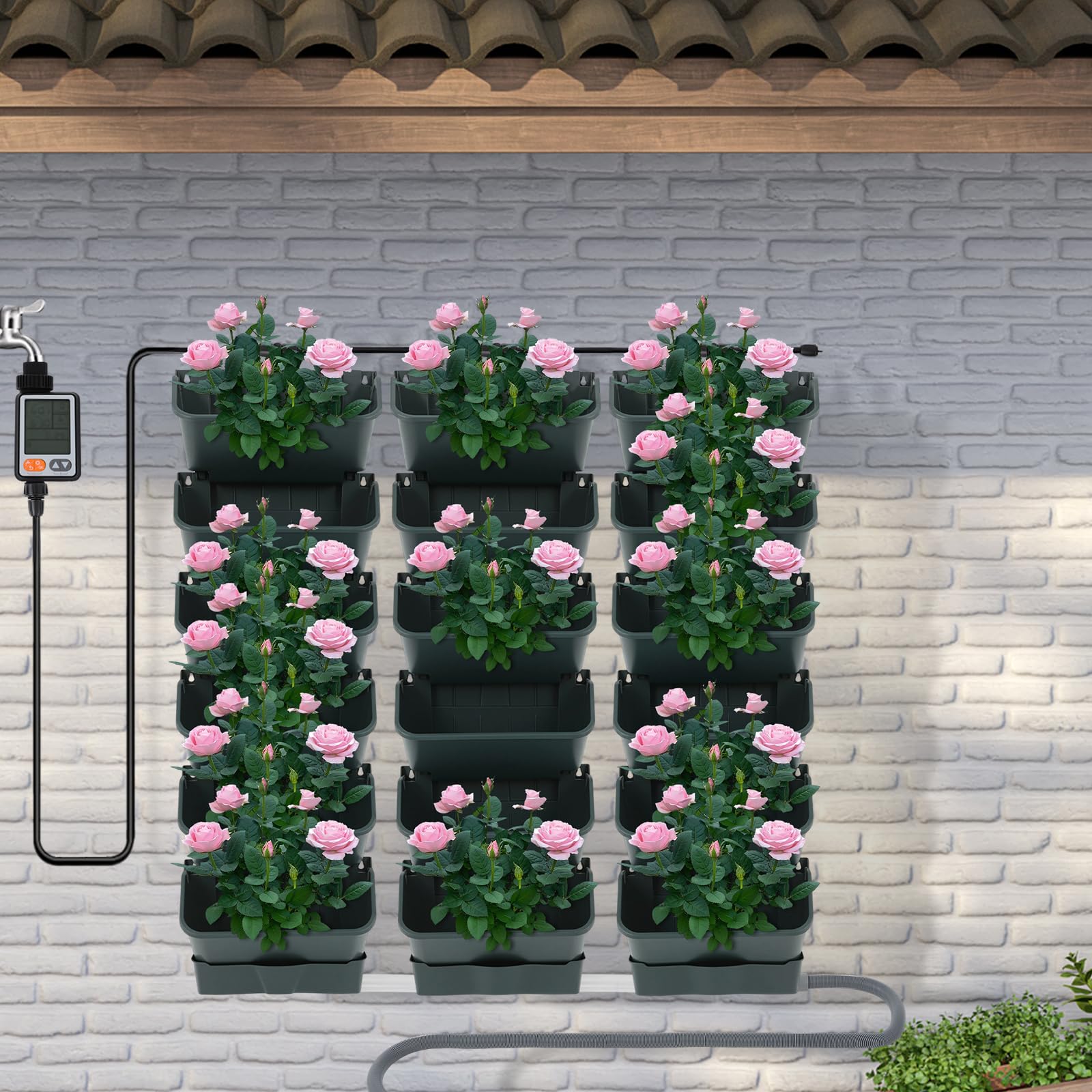Plante murale verticale suspendue avec système d'irrigation automatique, pot de fleurs mural vertical à suspendre avec 18 pots, pot de fleurs de jardin vertical avec minuterie (vert)