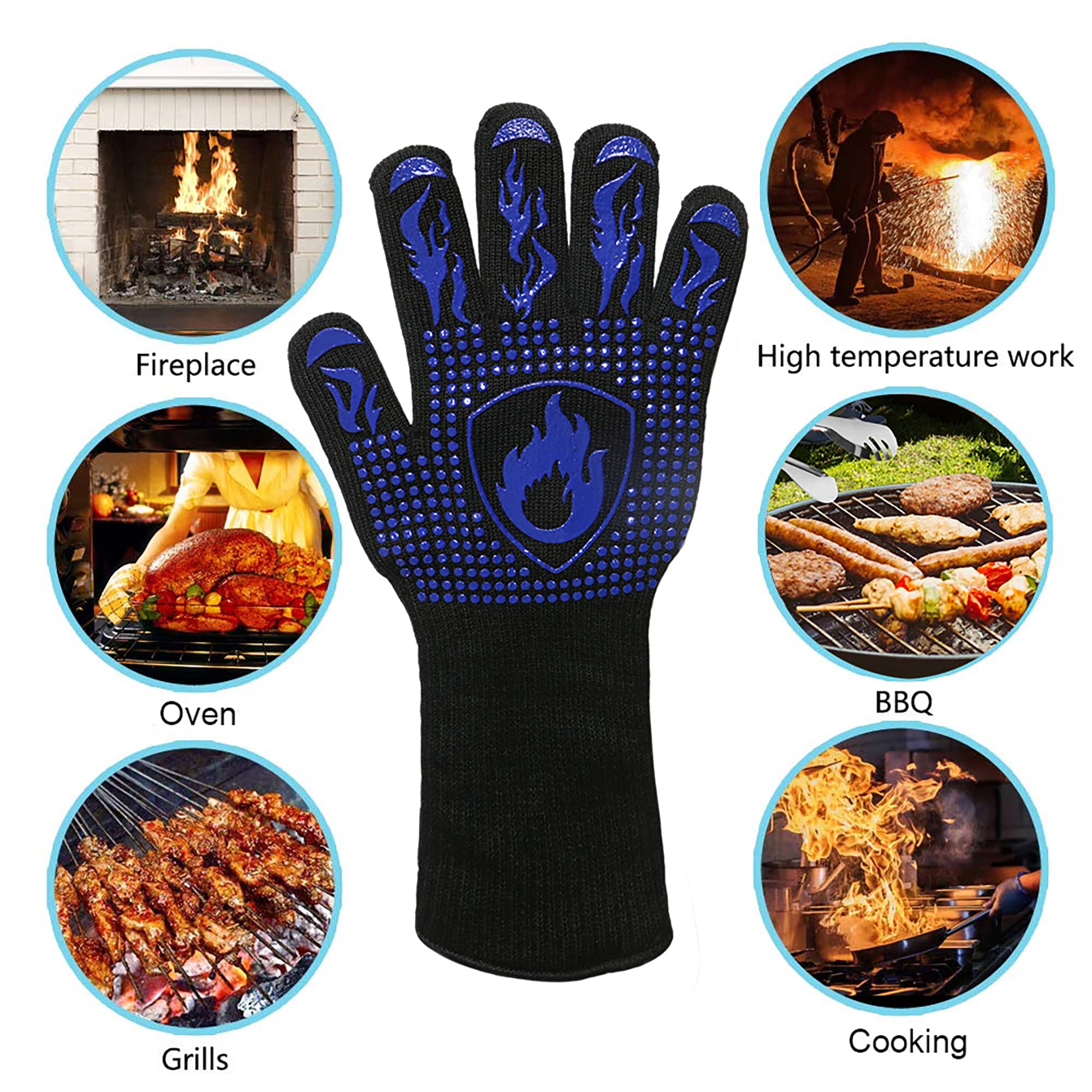 Guantes de horno para barbacoa, resistentes al calor, antideslizantes, de silicona, para asar, cocinar, hornear, freír, cortar (azul)