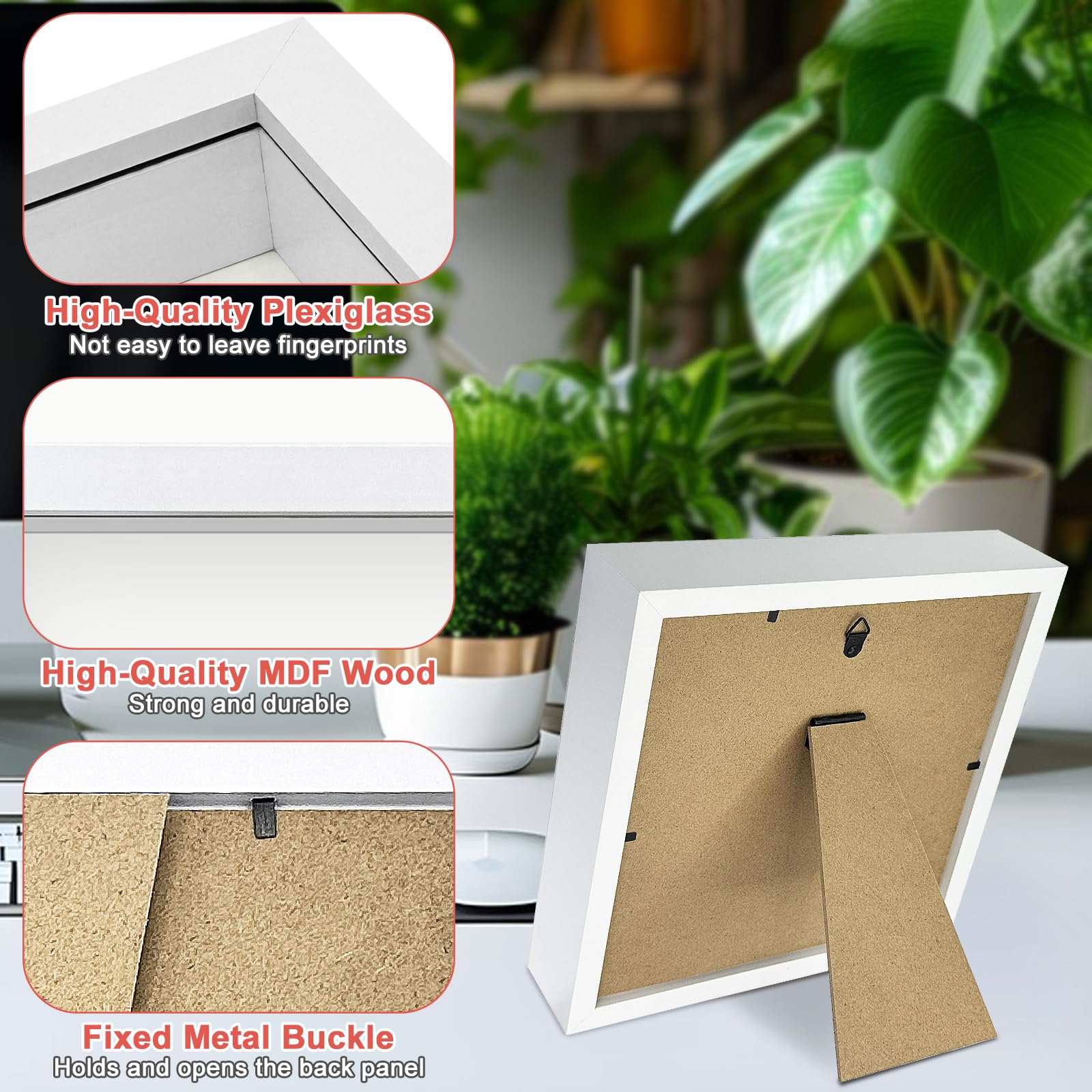 Abaigeal Lot de 4 cadres photo 3D profonds pour travaux manuels, 3 cm de profondeur intérieure, pour photos, fleurs, souvenirs, table et suspension murale, blanc, 20,3 x 20,3 cm
